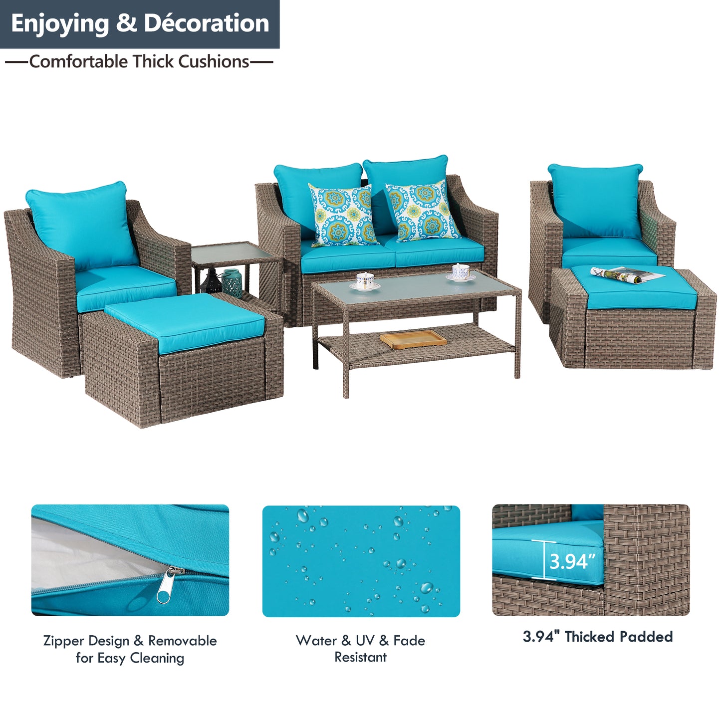 Outdoor Patio Sectional Furniture Set, 7 Piece PE Wicker Patio Conversation Sets Couch with Washable Cushions & Glass Table, Outdoor Rattan Sofa for Garden, Lawn, Backyard (Blue)