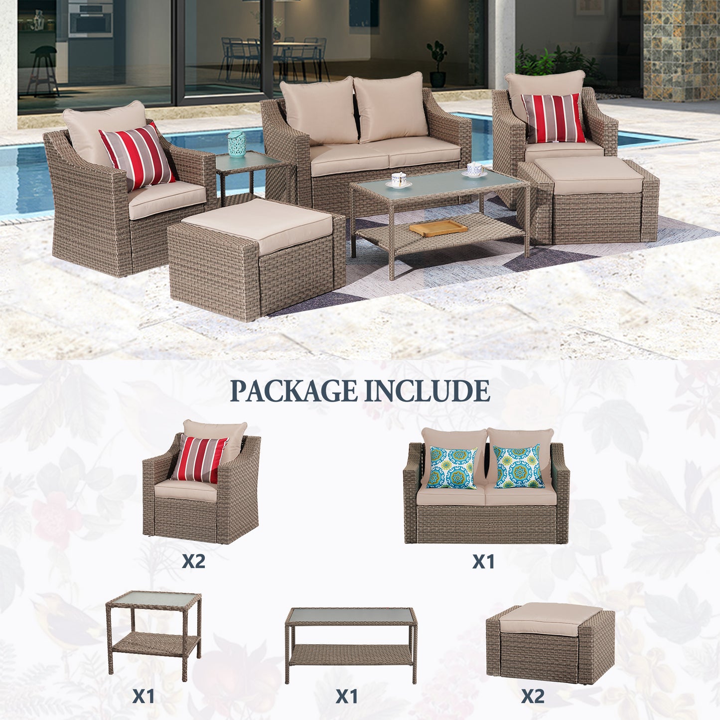 Outdoor Patio Sectional Furniture Set, 7 Piece PE Wicker Patio Conversation Sets Couch with Washable Cushions & Glass Table, Outdoor Rattan Sofa for Garden, Lawn, Backyard (Khaki)