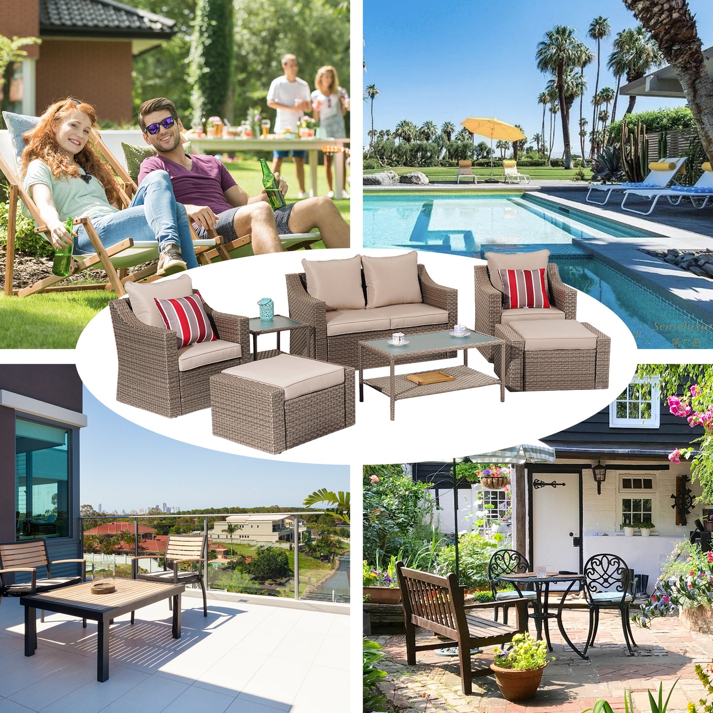 Outdoor Patio Sectional Furniture Set, 7 Piece PE Wicker Patio Conversation Sets Couch with Washable Cushions & Glass Table, Outdoor Rattan Sofa for Garden, Lawn, Backyard (Khaki)