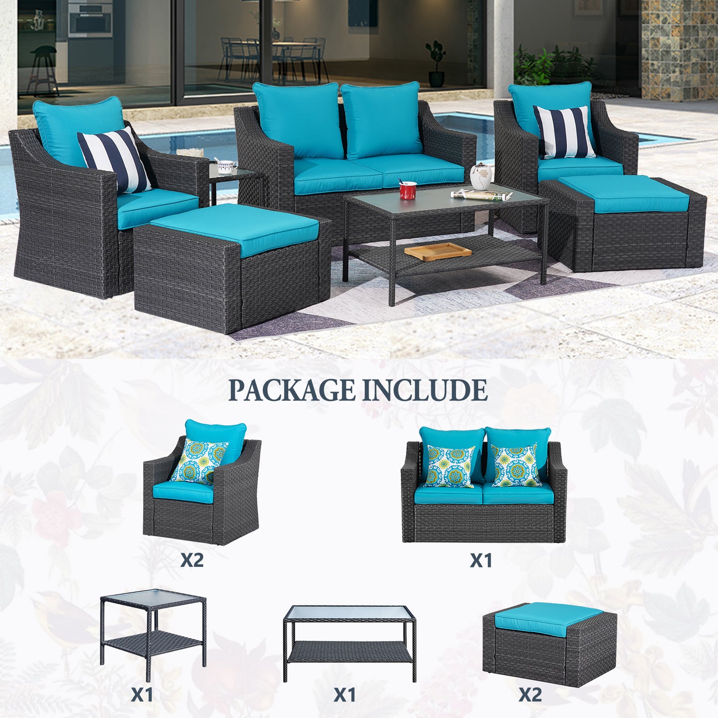 Outdoor Patio Sectional Furniture Set, 7 Piece PE Wicker Patio Conversation Sets Couch with Washable Cushions & Glass Table, Outdoor Rattan Sofa for Garden, Lawn, Backyard (Blue)