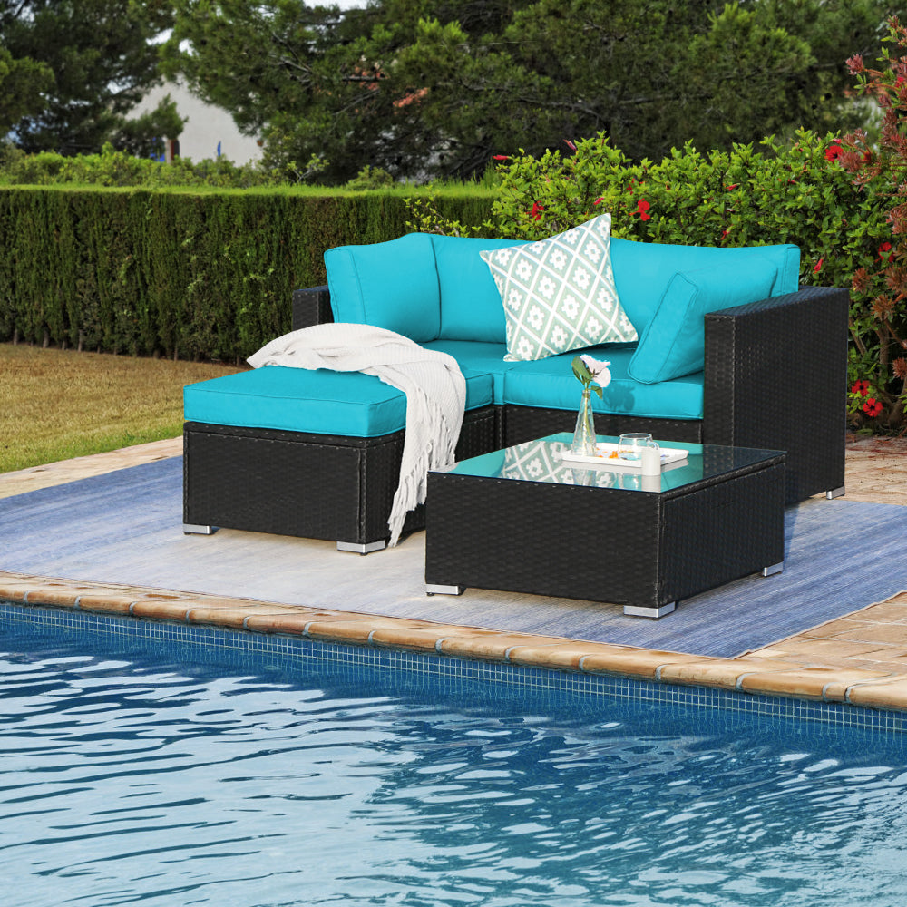 4 Piece Loveseat Set All Weather Ottoman and a Coffee Table, Turquoise Cushions - Sunvivi