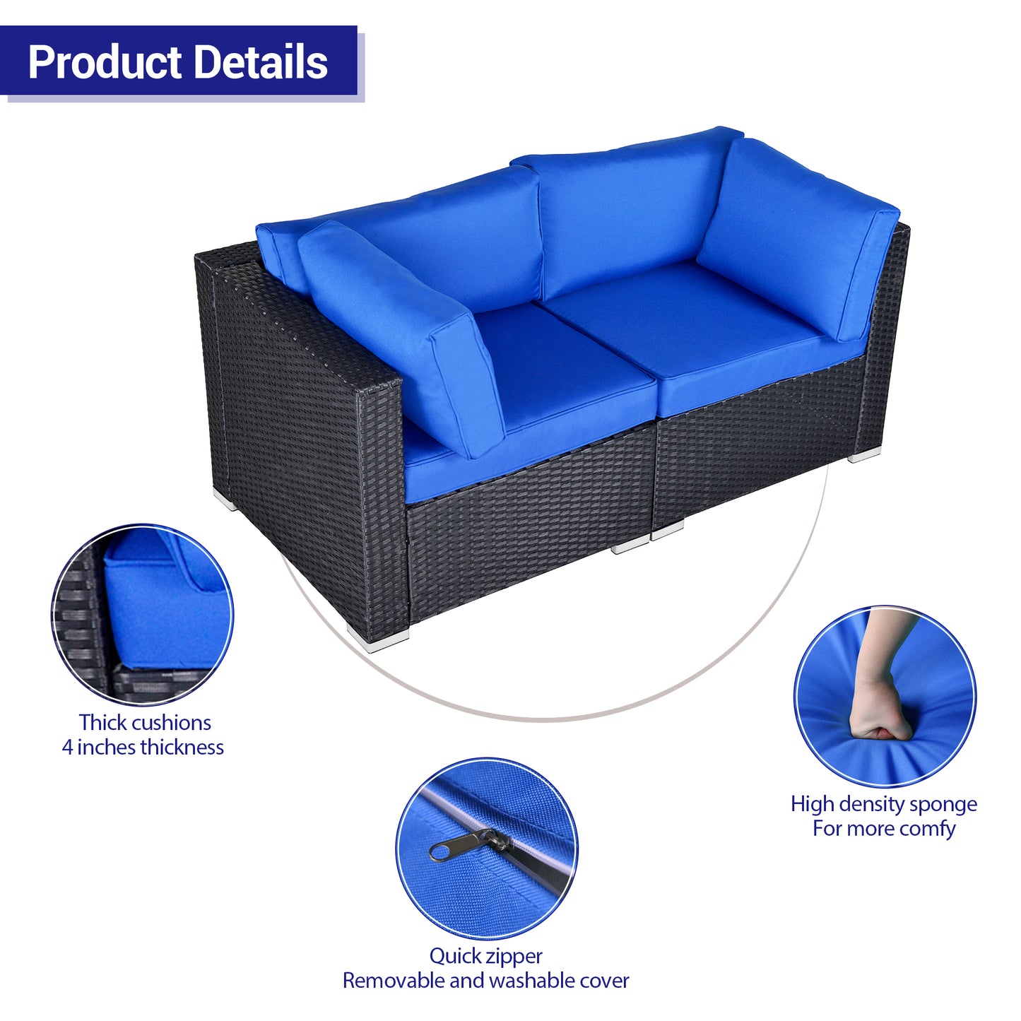 Loveseat Sectional Sofa Set , Black Wicker Navy Blue Cushions - Sunvivi