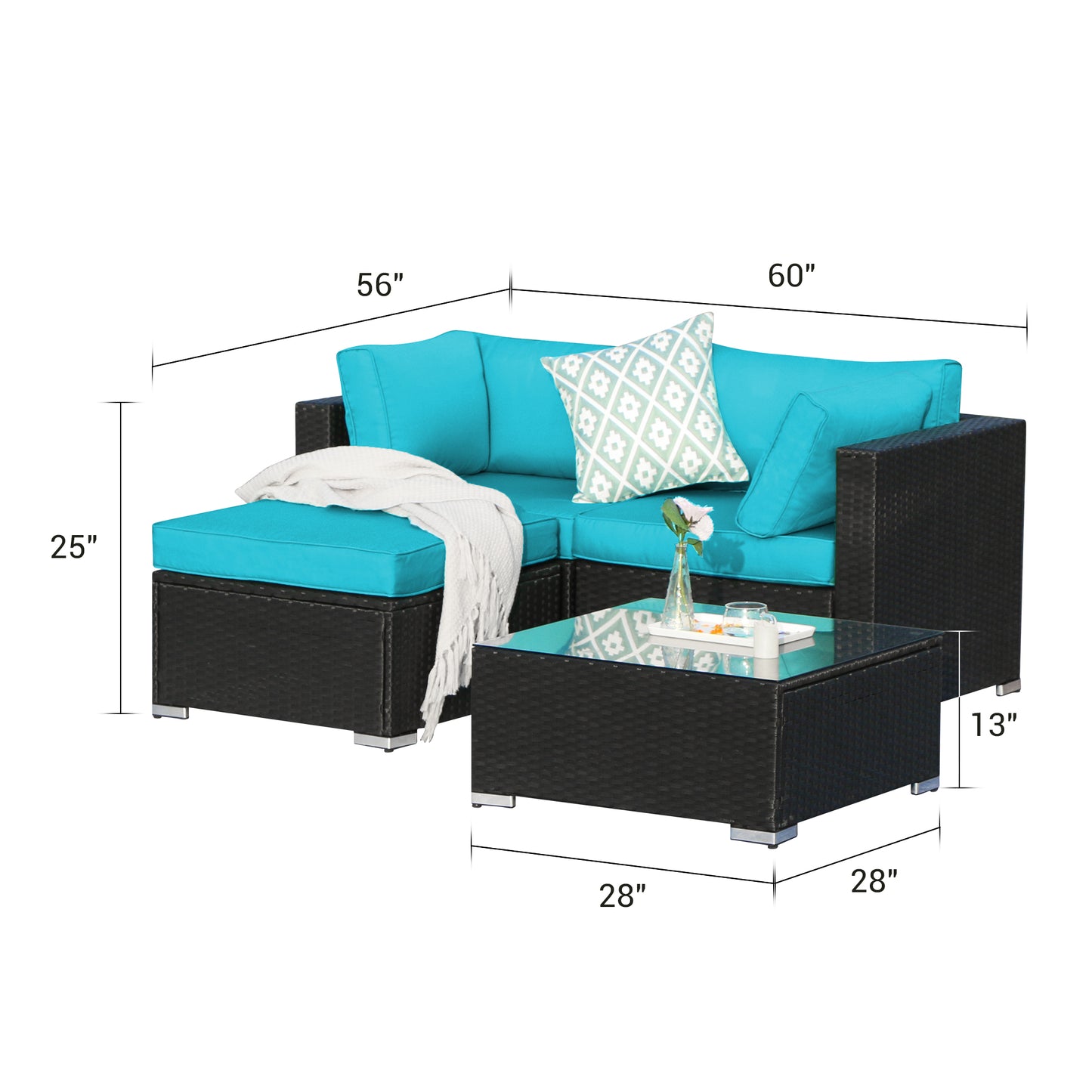 4 Piece Loveseat Set All Weather Ottoman and a Coffee Table, Turquoise Cushions - Sunvivi