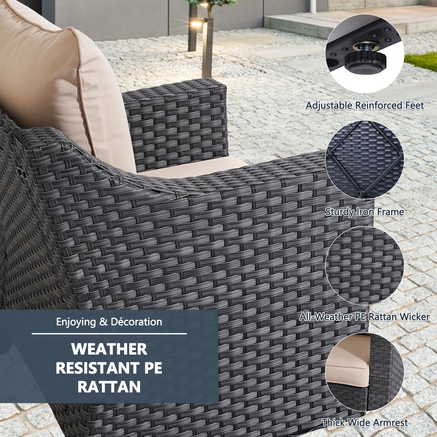 Outdoor Patio Sectional Furniture Set, 7 Piece PE Wicker Patio Conversation Sets Couch with Washable Cushions & Glass Table, Outdoor Rattan Sofa for Garden, Lawn, Backyard (Khaki)