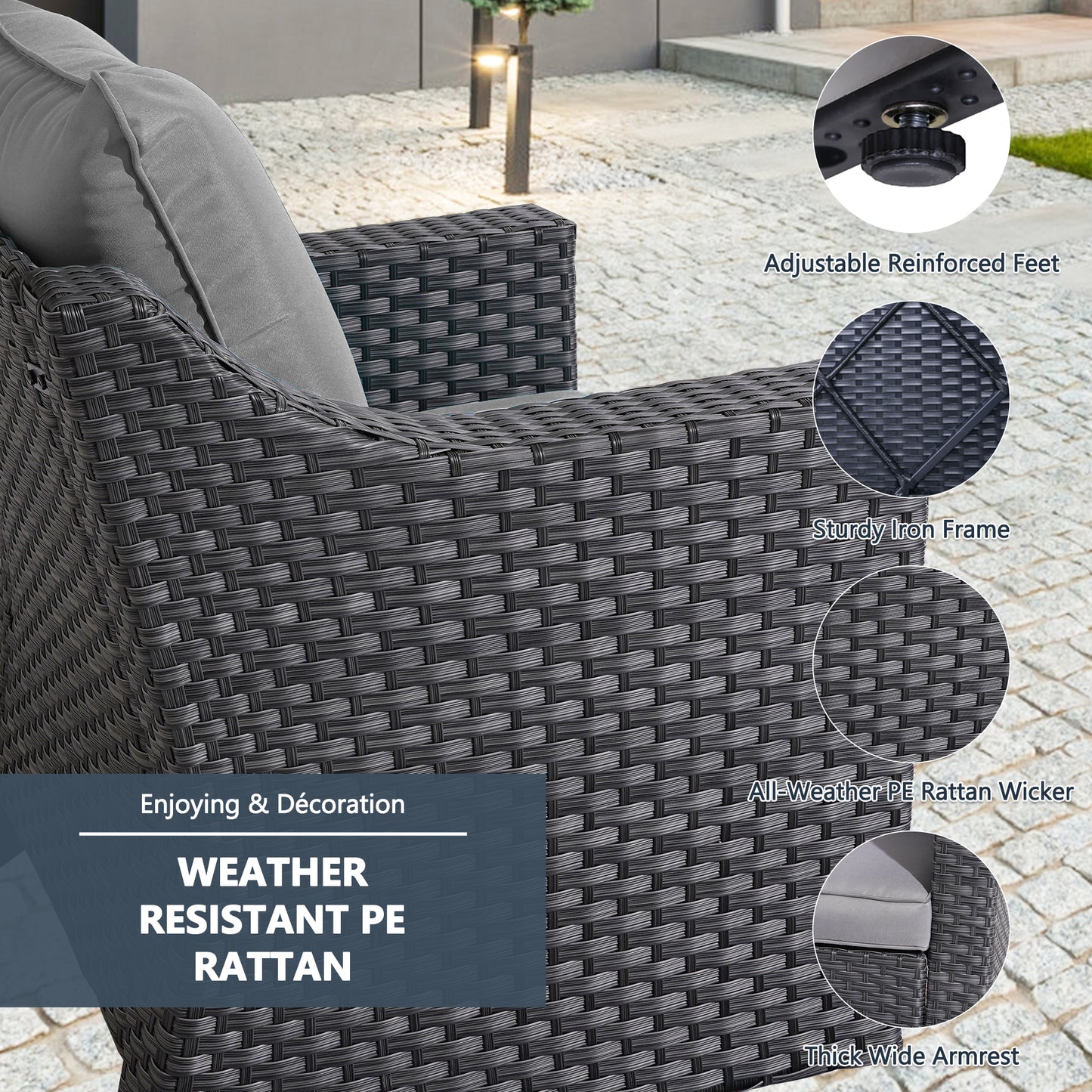 Outdoor Patio Sectional Furniture Set, 7 Piece PE Wicker Patio Conversation Sets Couch with Washable Cushions & Glass Table, Outdoor Rattan Sofa for Garden, Lawn, Backyard (Gray)