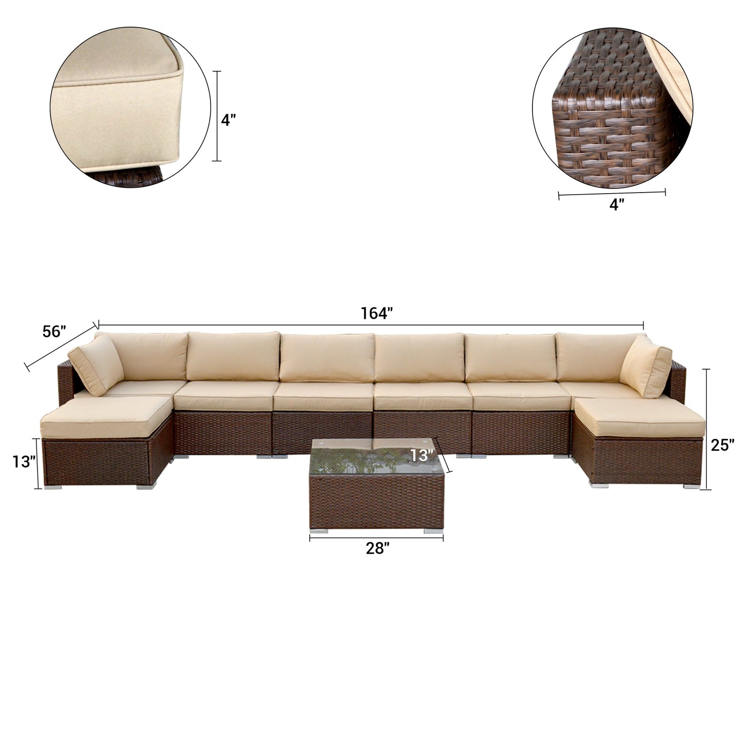 Patio Furniture Sets 9 Piece Outdoor Conversation Set, All Weather Brown PE Wicker Furniture Set with Glass Table, Ottoman Sofas, Removabl Cushions