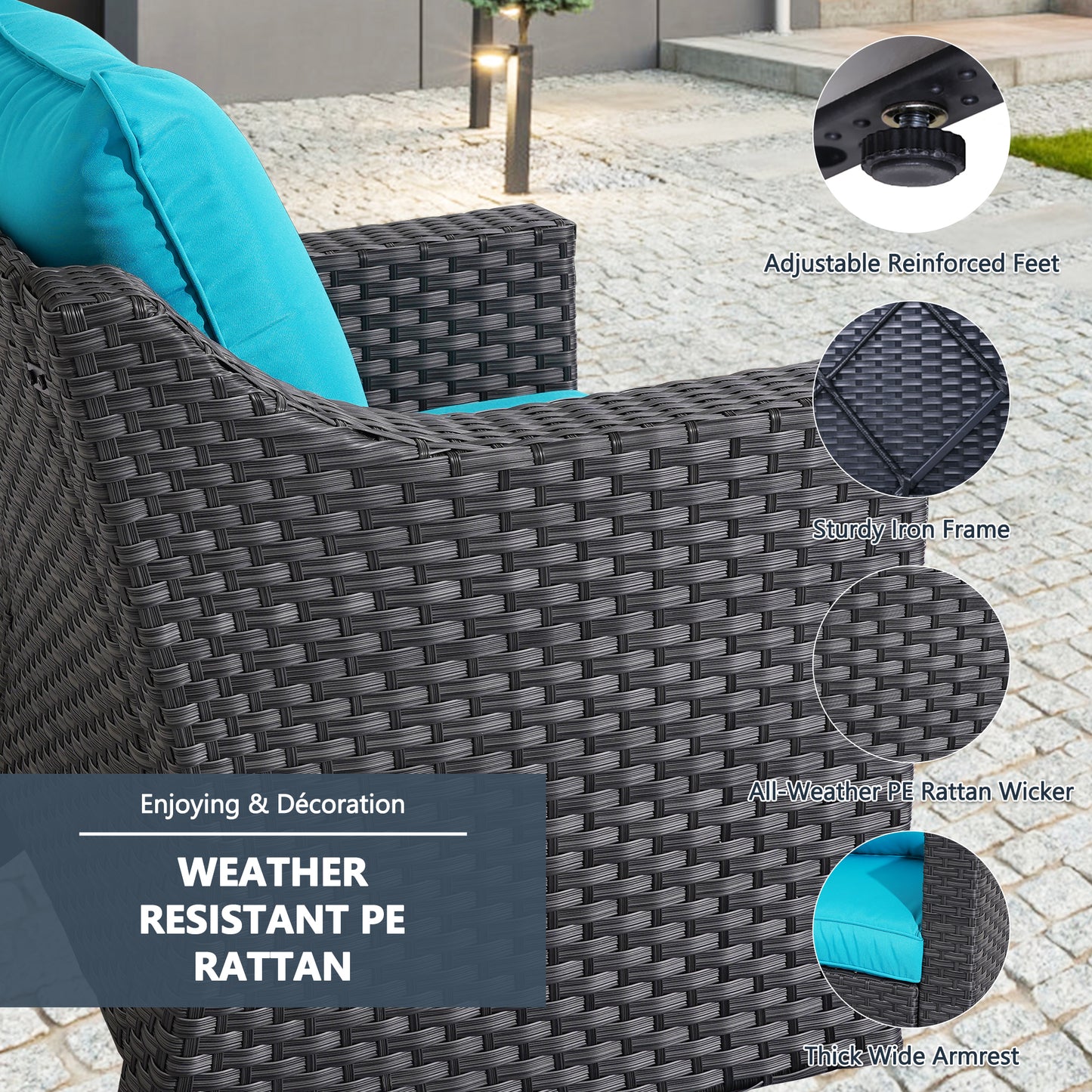 Outdoor Patio Sectional Furniture Set, 7 Piece PE Wicker Patio Conversation Sets Couch with Washable Cushions & Glass Table, Outdoor Rattan Sofa for Garden, Lawn, Backyard (Blue)