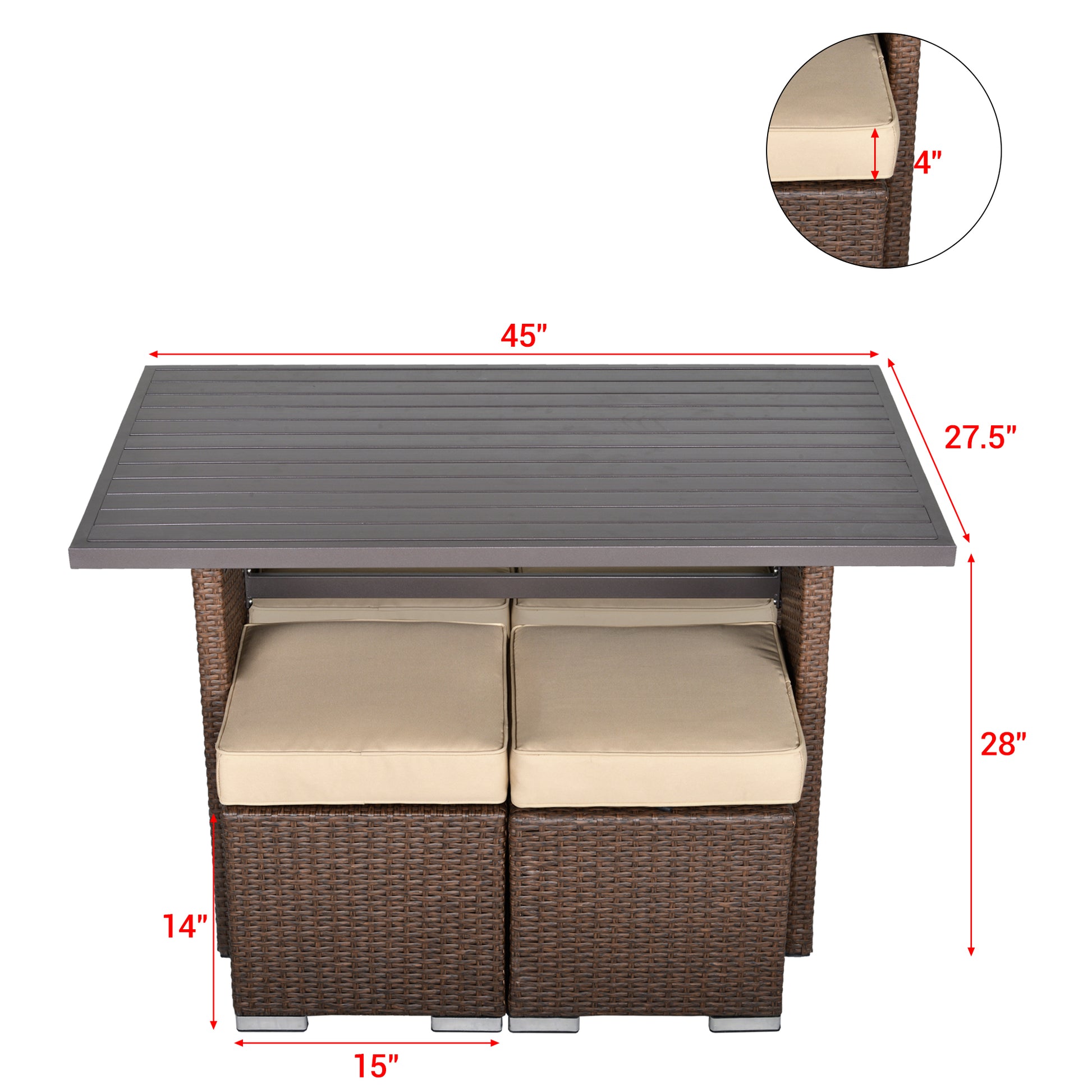 5 Piece Dining Set with 4 Ottoman and Table, Brown - Sunvivi