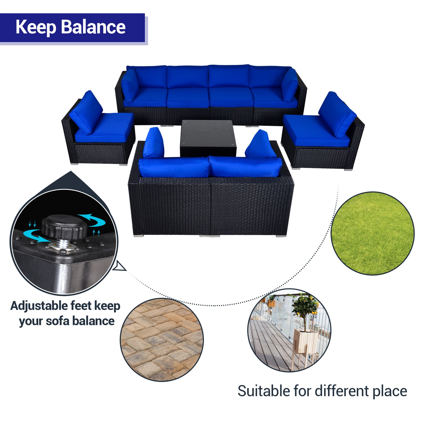 9 Piece Conversation Sofa Set, Navy Blue Cushions - Sunvivi