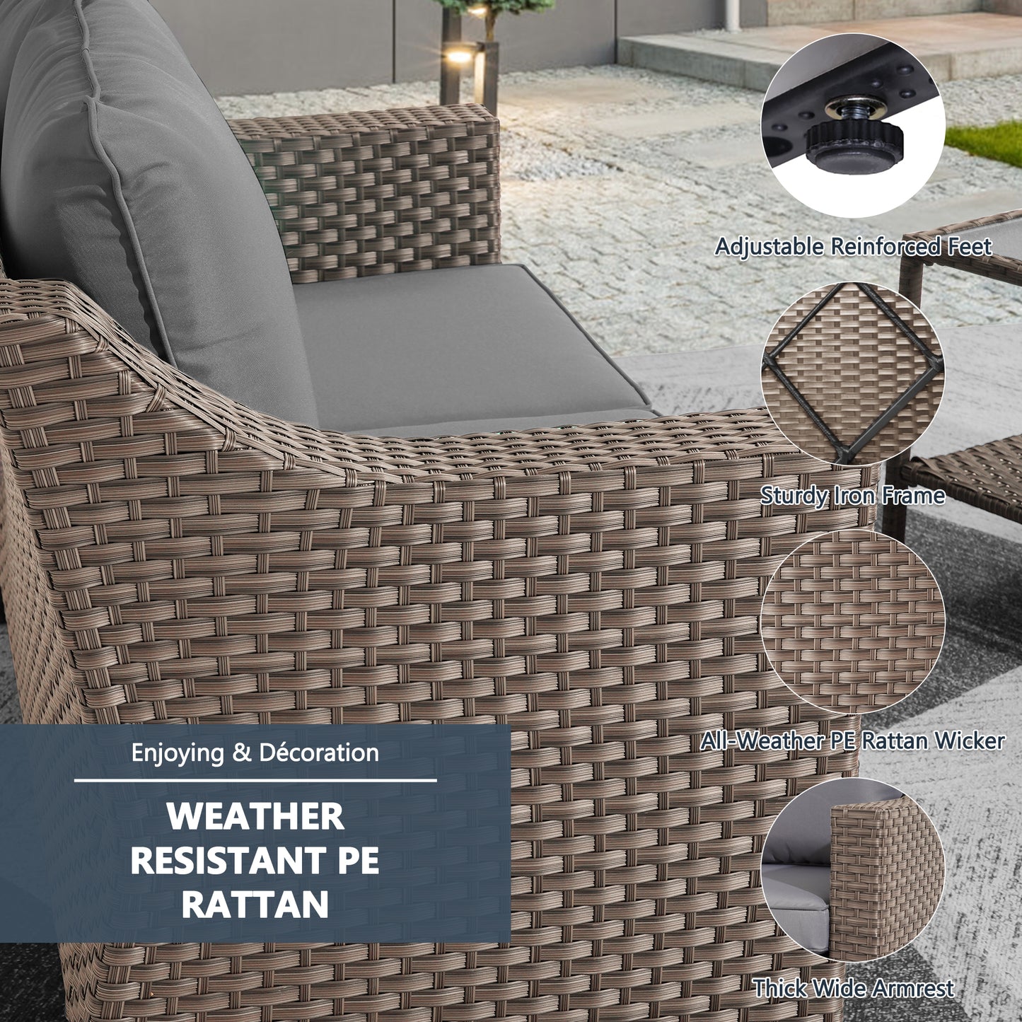 Outdoor Patio Sectional Furniture Set, 7 Piece PE Wicker Patio Conversation Sets Couch with Washable Cushions & Glass Table, Outdoor Rattan Sofa for Garden, Lawn, Backyard (Gray)