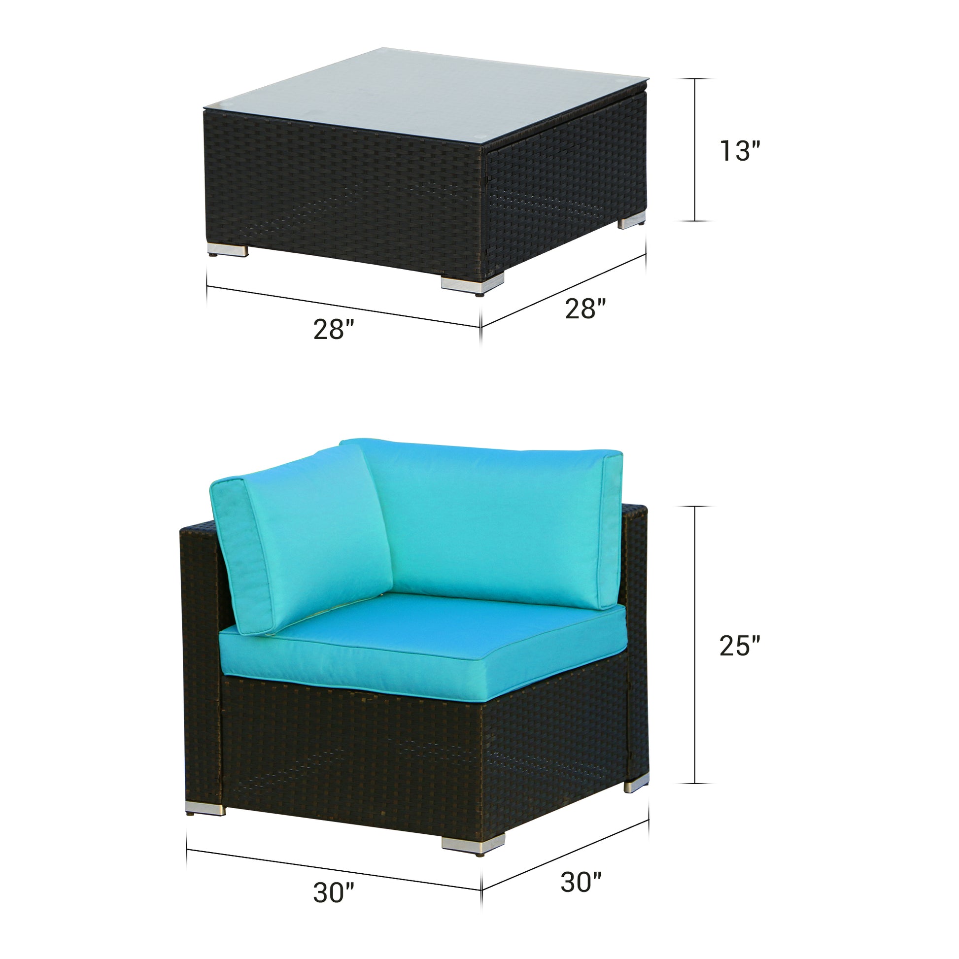 2 Pieces Sectional Set Corner Sofa and Coffee Table, Turquoise Cushions - Sunvivi