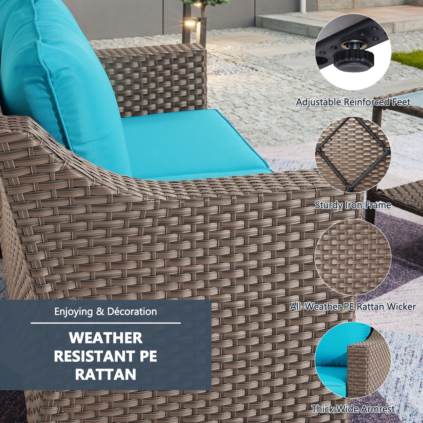 Outdoor Patio Sectional Furniture Set, 7 Piece PE Wicker Patio Conversation Sets Couch with Washable Cushions & Glass Table, Outdoor Rattan Sofa for Garden, Lawn, Backyard (Blue)
