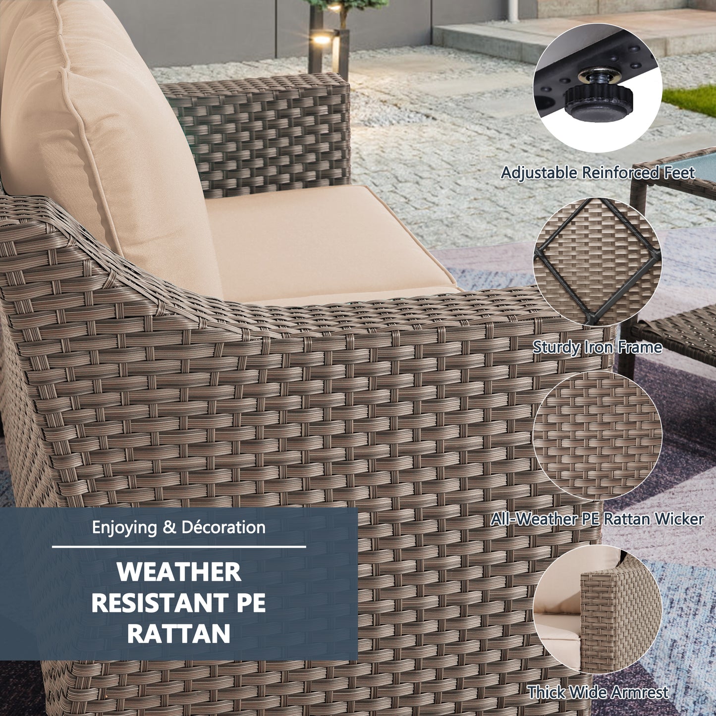Outdoor Patio Sectional Furniture Set, 7 Piece PE Wicker Patio Conversation Sets Couch with Washable Cushions & Glass Table, Outdoor Rattan Sofa for Garden, Lawn, Backyard (Khaki)