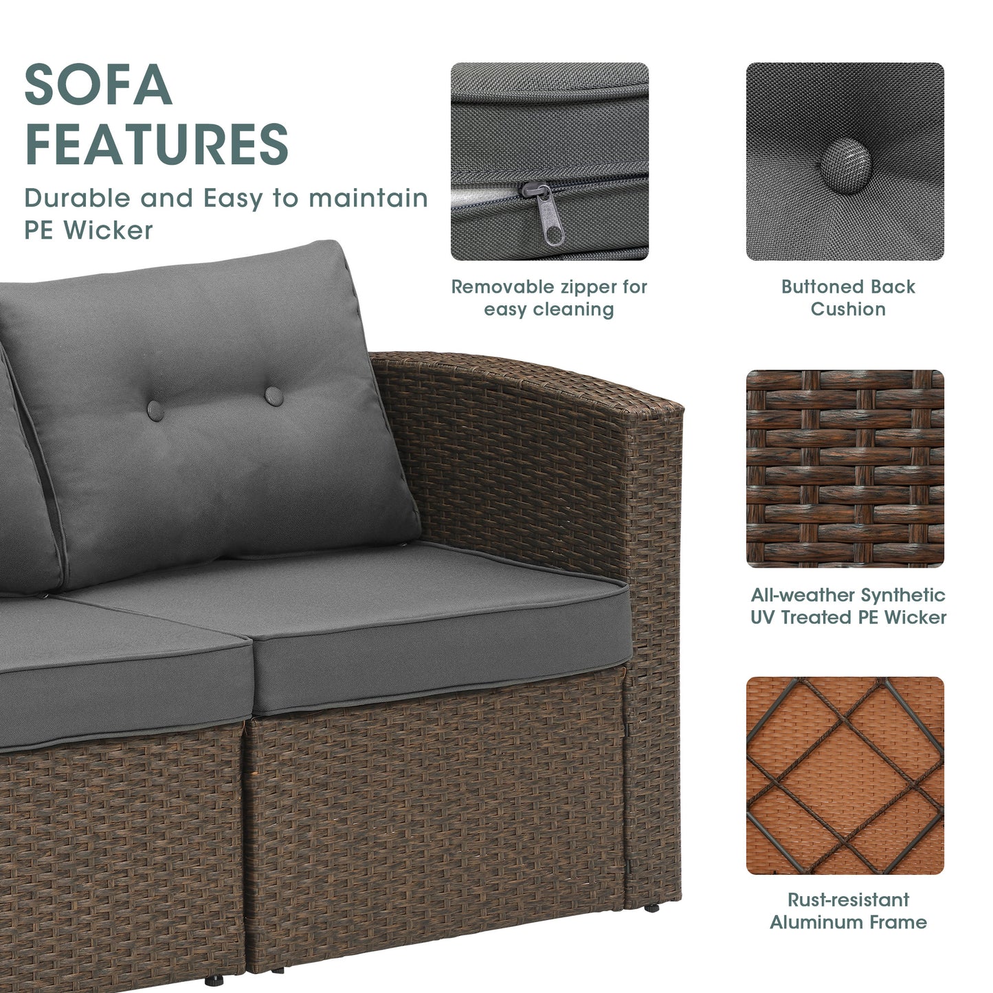 Outdoor Loveseat Patio Furniture Corner Sofa, All-Weather Brown Wicker 2-Piece Rattan Outdoor Sectional Couch Sofa Set with Non-slip Cushions,Aluminum Frame