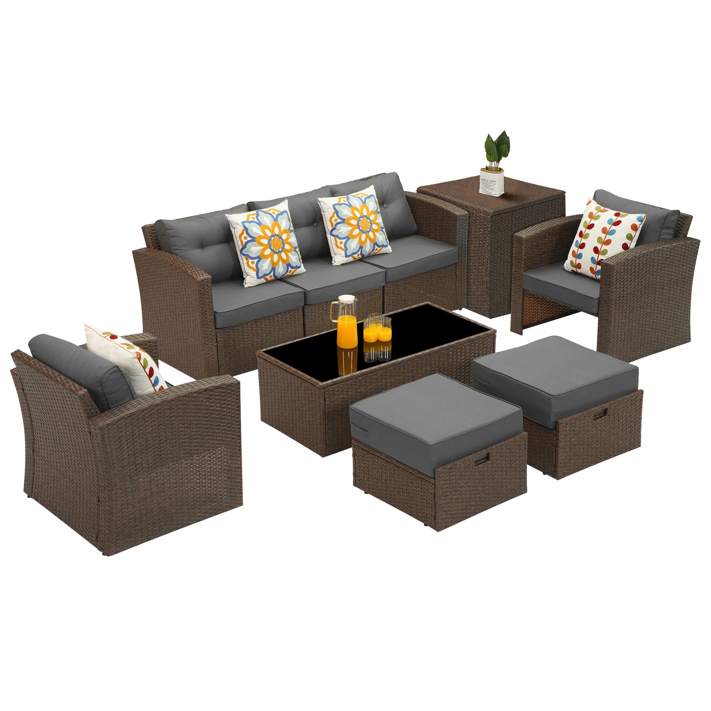 Royalcraft Outdoor Patio Furniture,10 Pieces All-Weather Patio Conversation Set Wicker Sectional Sofa with Non-slip Cushions,Aluminum Frame,Grey