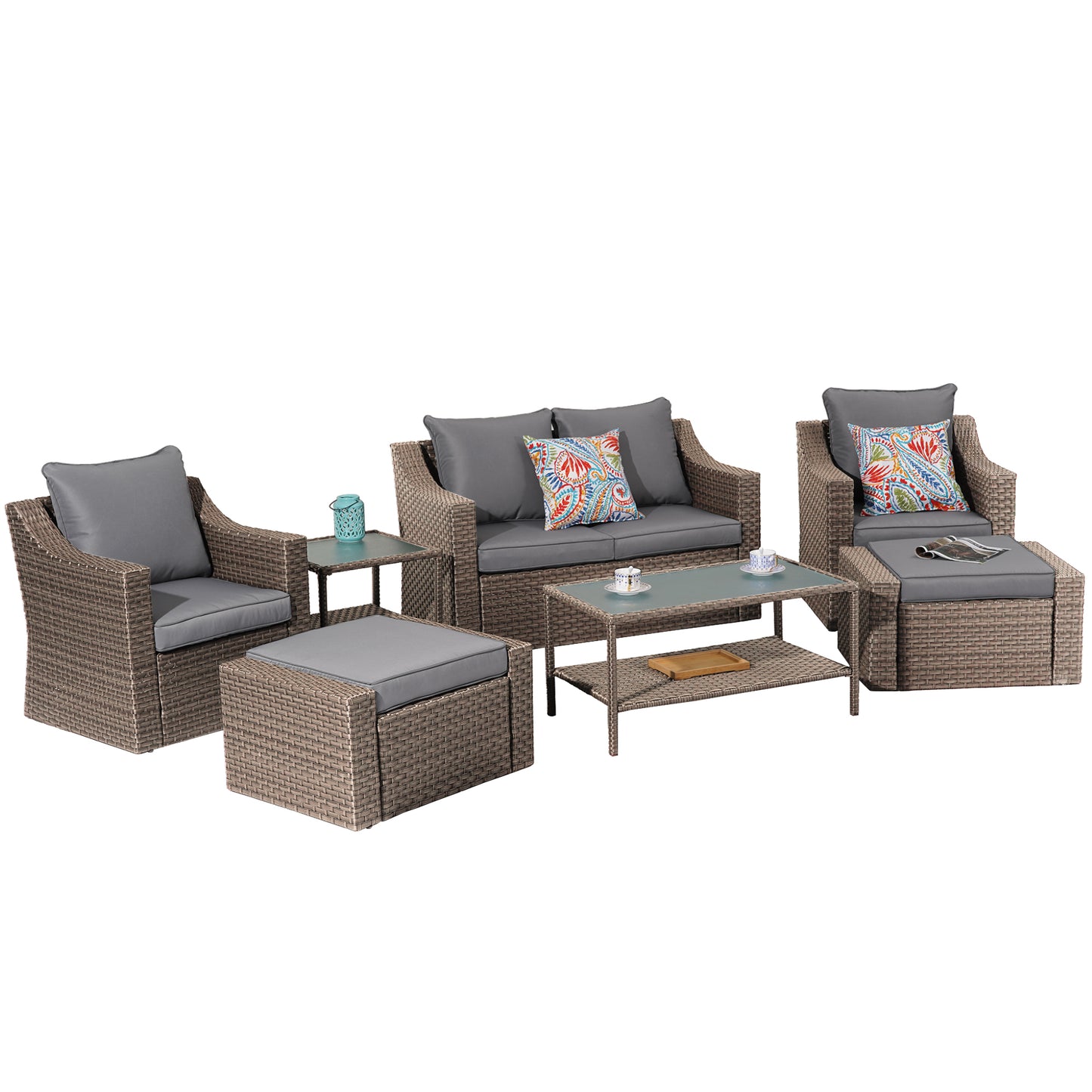 Outdoor Patio Sectional Furniture Set, 7 Piece PE Wicker Patio Conversation Sets Couch with Washable Cushions & Glass Table, Outdoor Rattan Sofa for Garden, Lawn, Backyard (Gray)