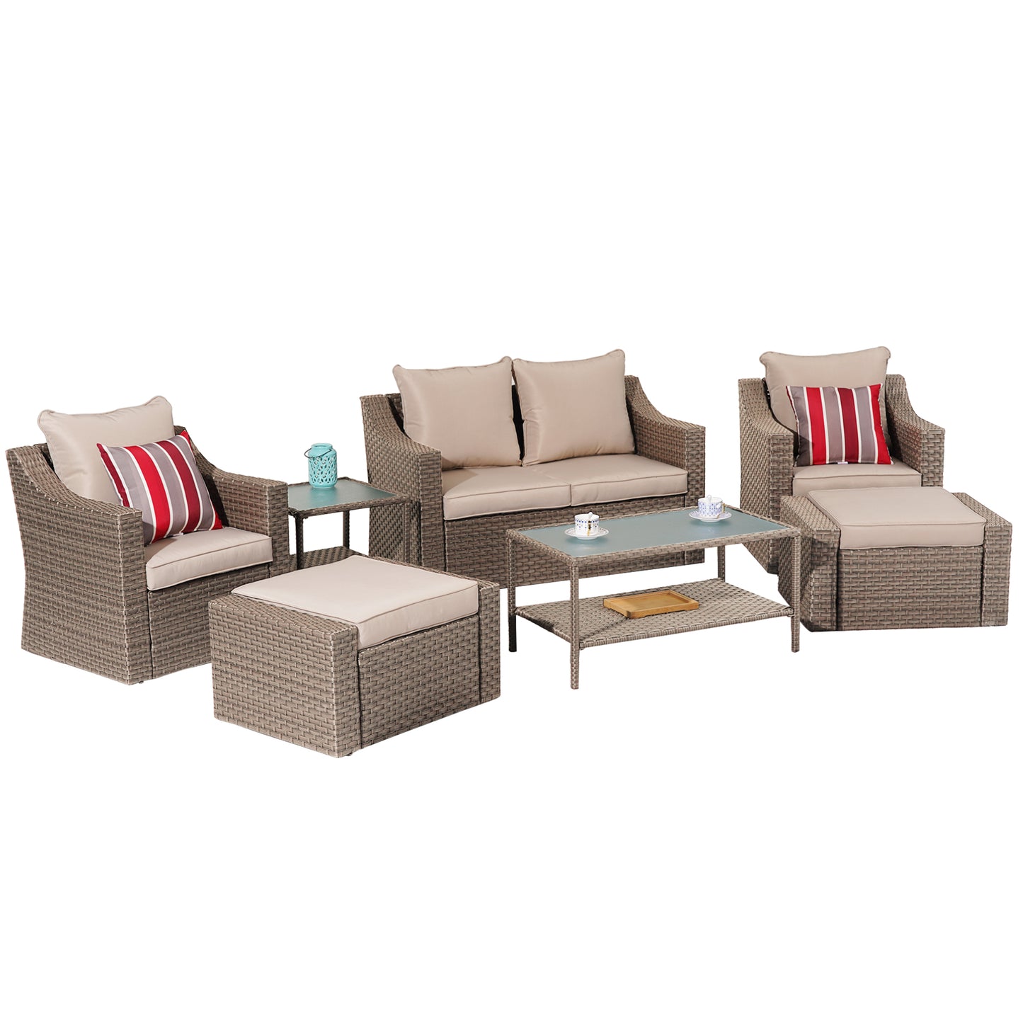 Outdoor Patio Sectional Furniture Set, 7 Piece PE Wicker Patio Conversation Sets Couch with Washable Cushions & Glass Table, Outdoor Rattan Sofa for Garden, Lawn, Backyard (Khaki)