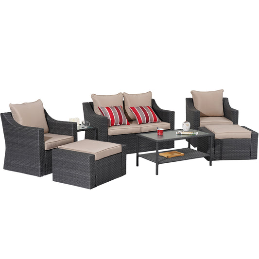 Outdoor Patio Sectional Furniture Set, 7 Piece PE Wicker Patio Conversation Sets Couch with Washable Cushions & Glass Table, Outdoor Rattan Sofa for Garden, Lawn, Backyard (Khaki)