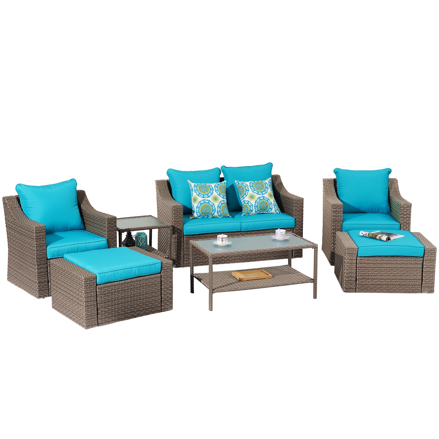 Outdoor Patio Sectional Furniture Set, 7 Piece PE Wicker Patio Conversation Sets Couch with Washable Cushions & Glass Table, Outdoor Rattan Sofa for Garden, Lawn, Backyard (Blue)