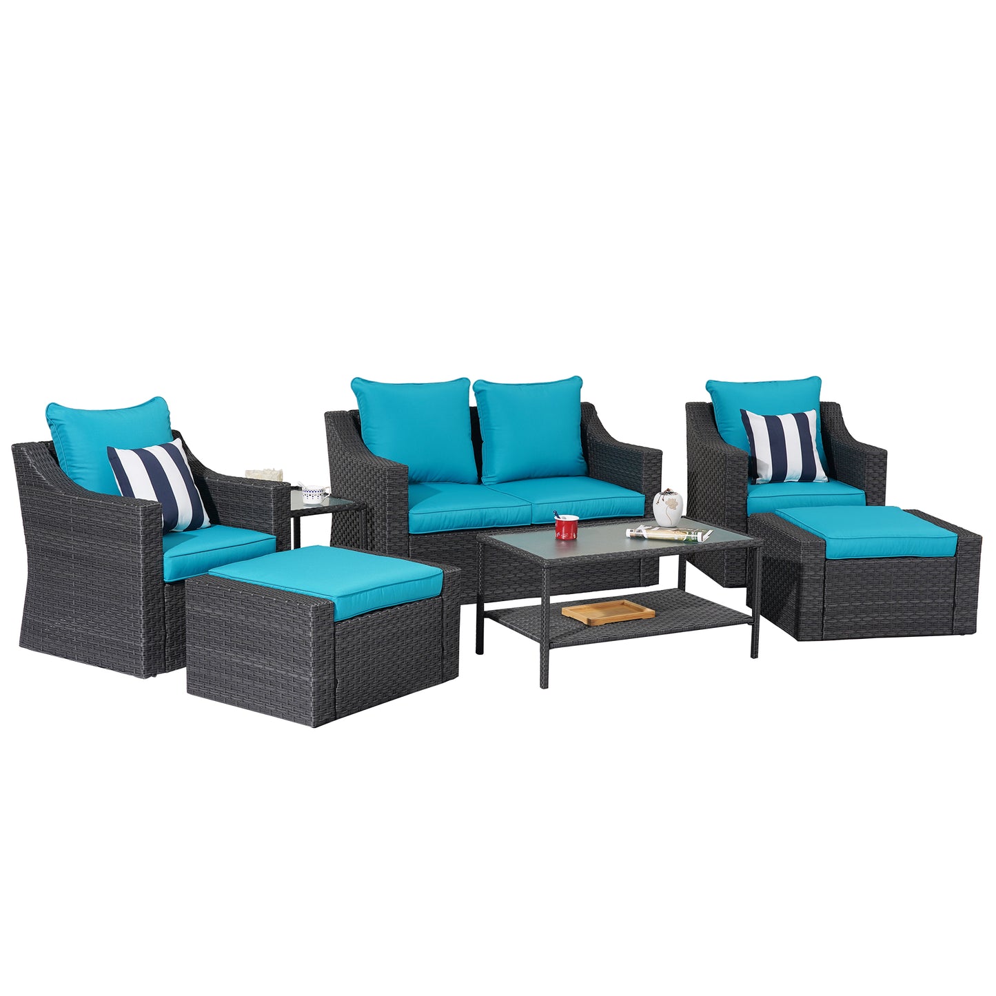 Outdoor Patio Sectional Furniture Set, 7 Piece PE Wicker Patio Conversation Sets Couch with Washable Cushions & Glass Table, Outdoor Rattan Sofa for Garden, Lawn, Backyard (Blue)