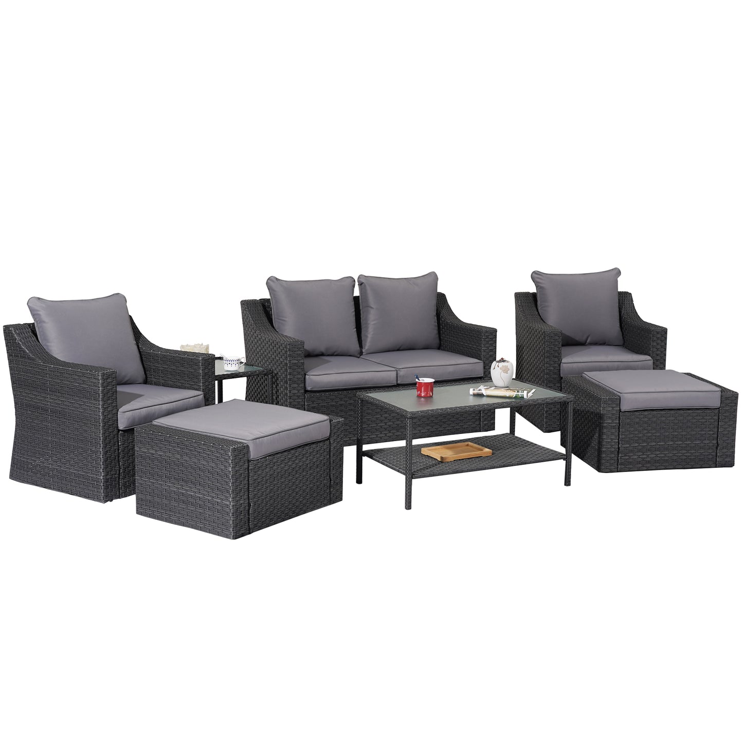 Outdoor Patio Sectional Furniture Set, 7 Piece PE Wicker Patio Conversation Sets Couch with Washable Cushions & Glass Table, Outdoor Rattan Sofa for Garden, Lawn, Backyard (Gray)