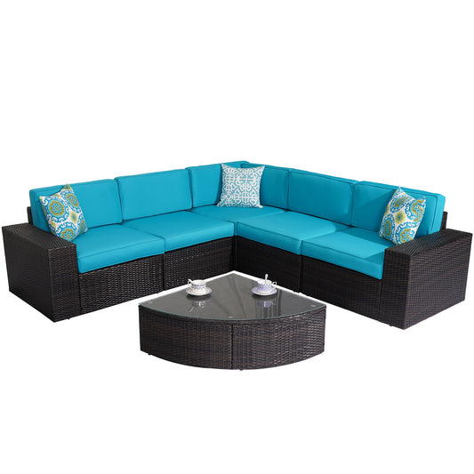 Outdoor Patio Furniture Sets, 6-Piece Patio Sectional Furniture Set, All-Weather Rattan Wicker Patio Sofa Chair, Blue
