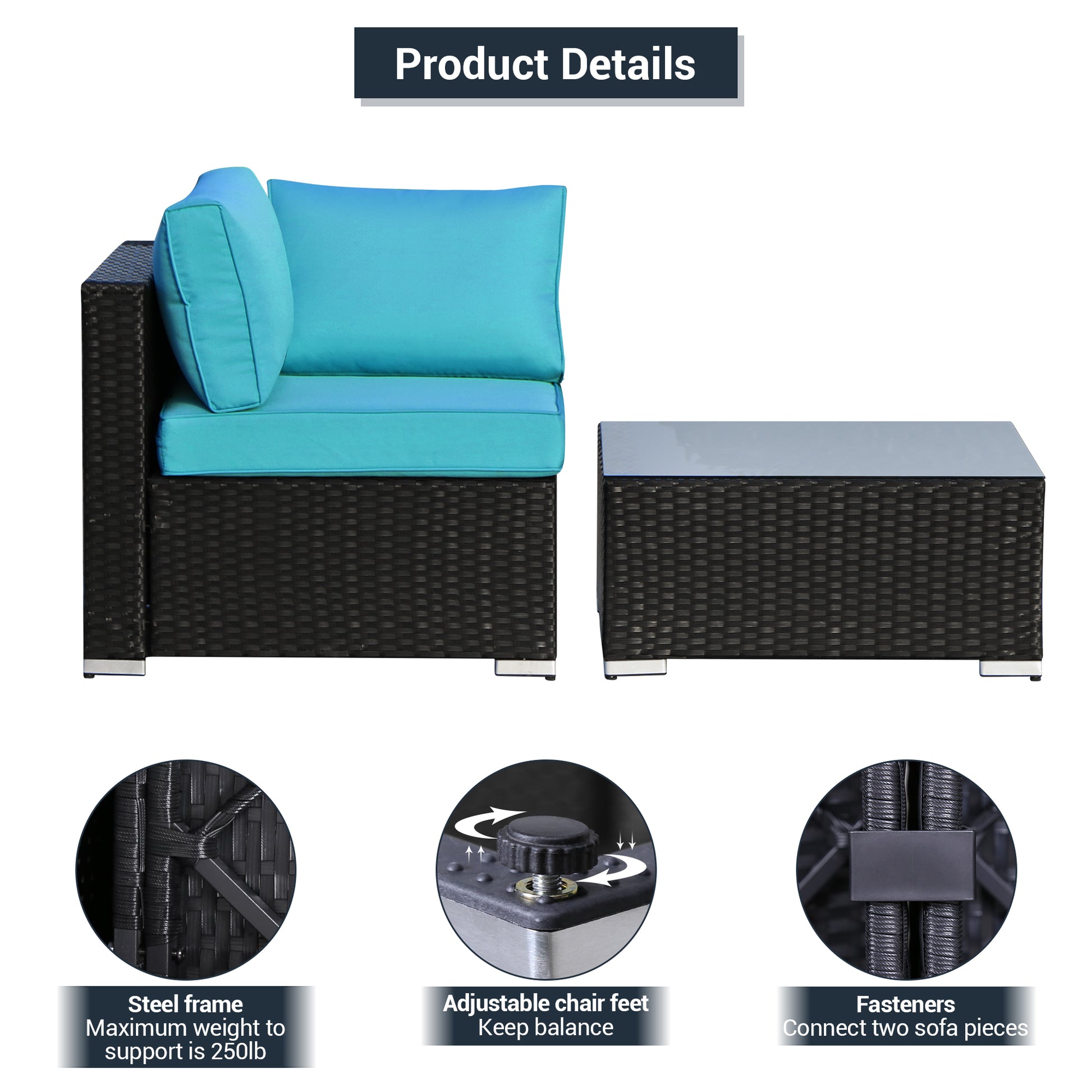 2 Pieces Sectional Set Corner Sofa and Coffee Table, Turquoise Cushions - Sunvivi