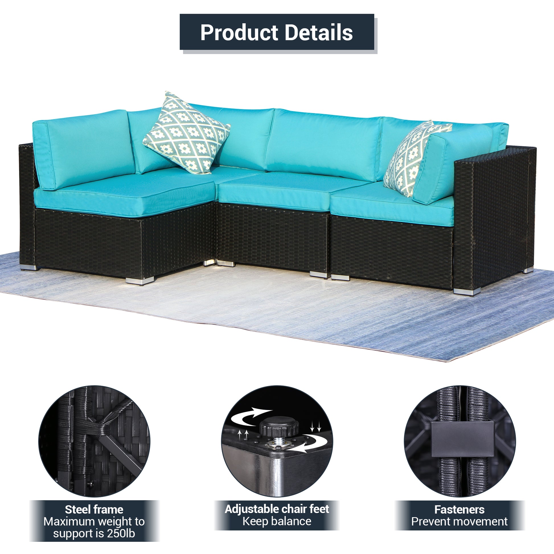 Loveseat Set 4 Pieces All Weather, Turquoise Cushions - Sunvivi