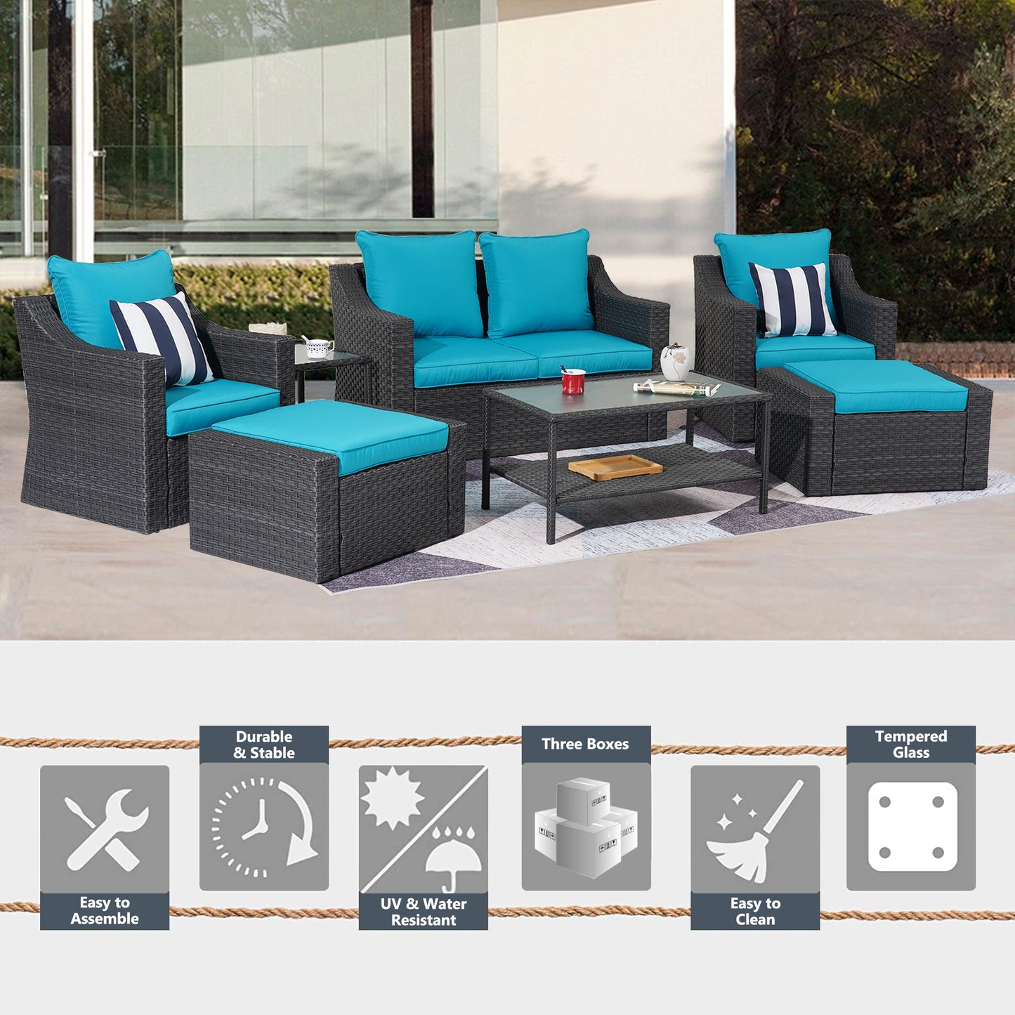 Outdoor Patio Sectional Furniture Set, 7 Piece PE Wicker Patio Conversation Sets Couch with Washable Cushions & Glass Table, Outdoor Rattan Sofa for Garden, Lawn, Backyard (Blue)