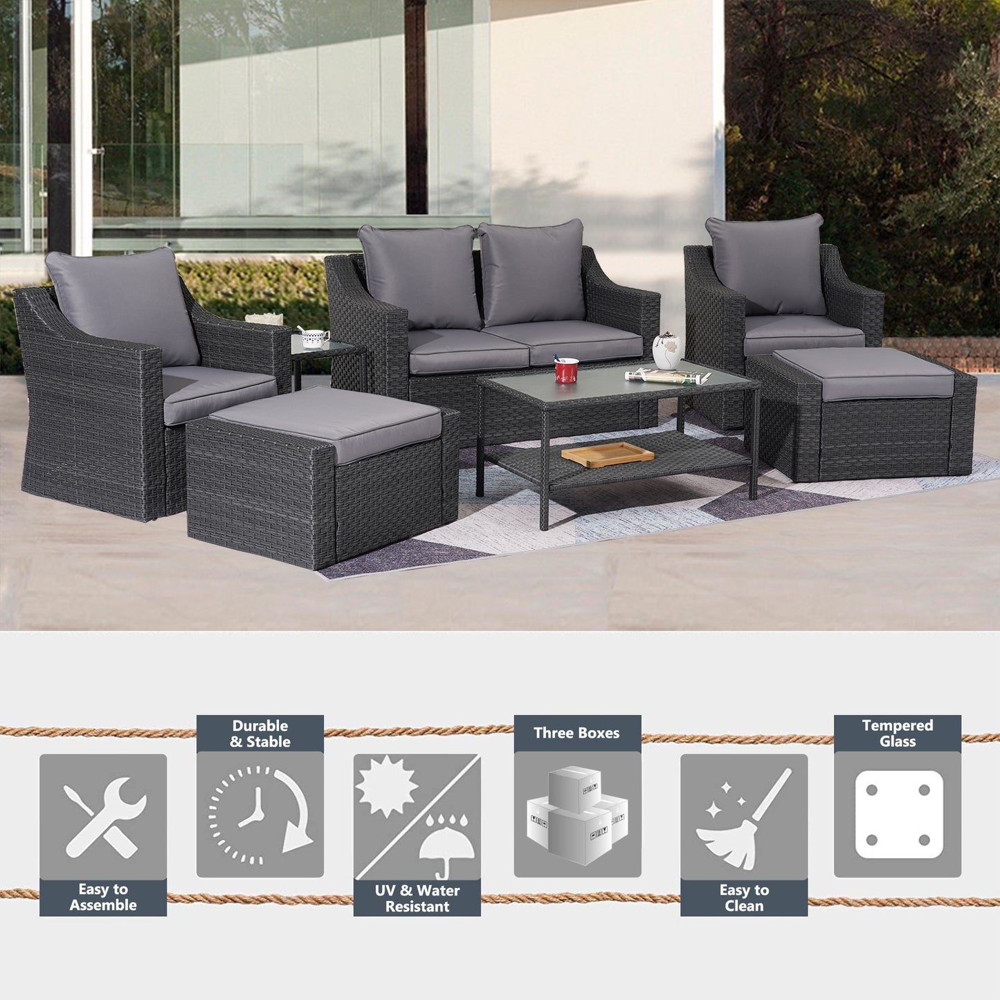 Outdoor Patio Sectional Furniture Set, 7 Piece PE Wicker Patio Conversation Sets Couch with Washable Cushions & Glass Table, Outdoor Rattan Sofa for Garden, Lawn, Backyard (Gray)