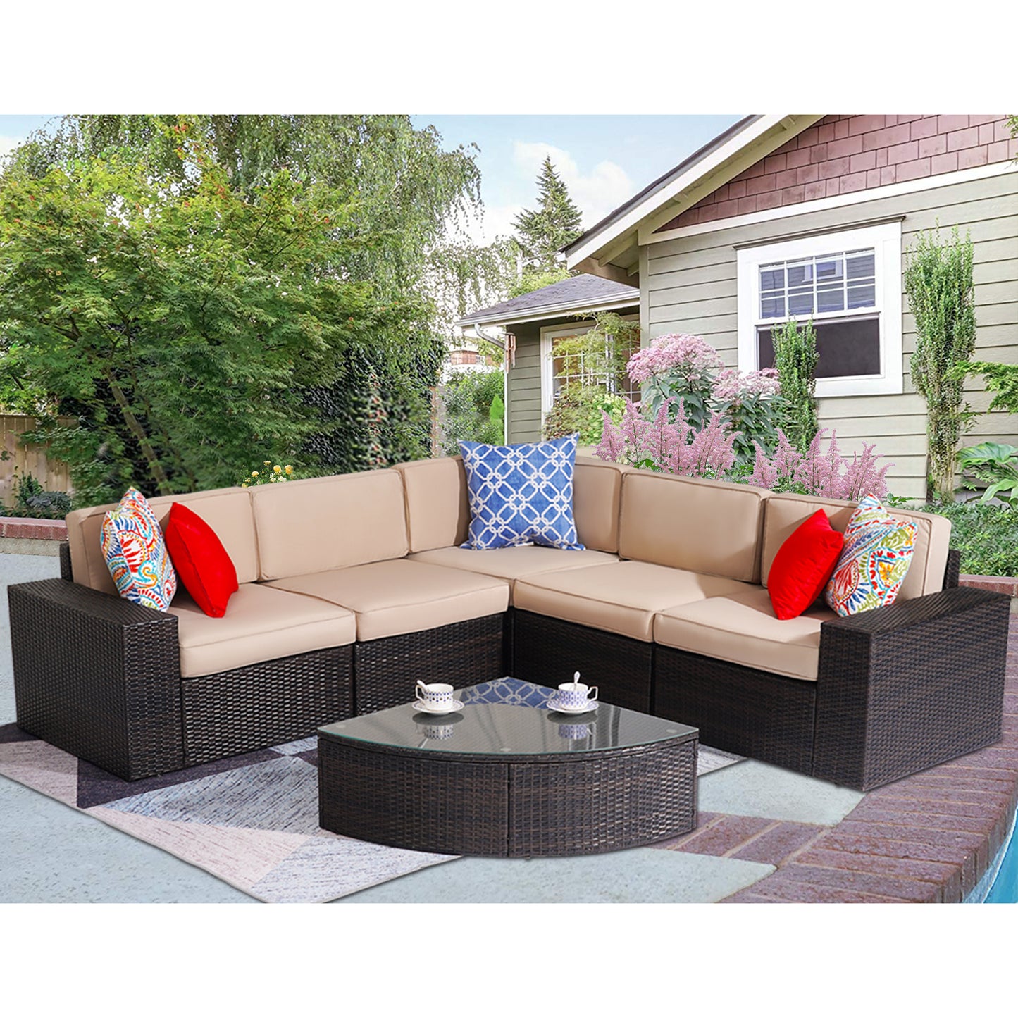 Outdoor Patio Furniture Set, 6-Piece Outdoor Conversation Sets All Weather Rattan Wicker Sectional Sofa Sets, Coffee