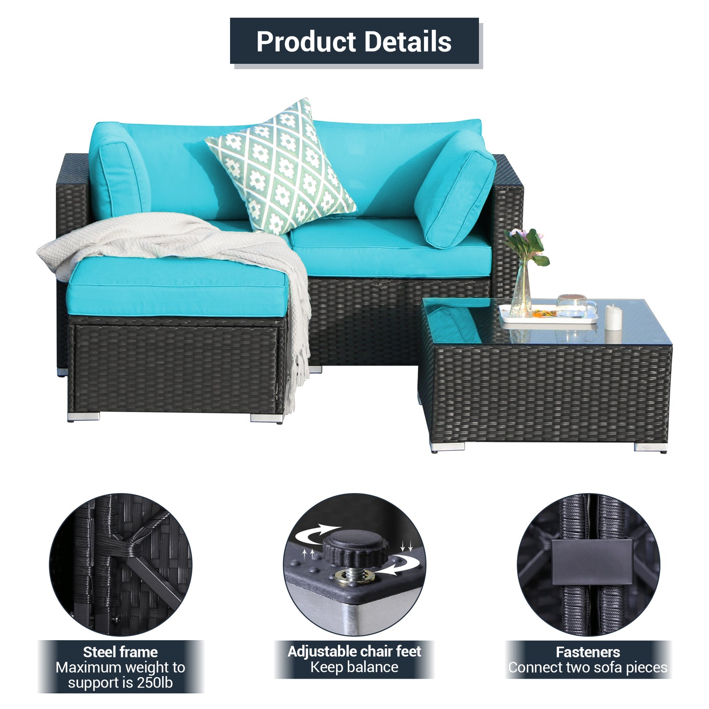 4 Piece Loveseat Set All Weather Ottoman and a Coffee Table, Turquoise Cushions - Sunvivi