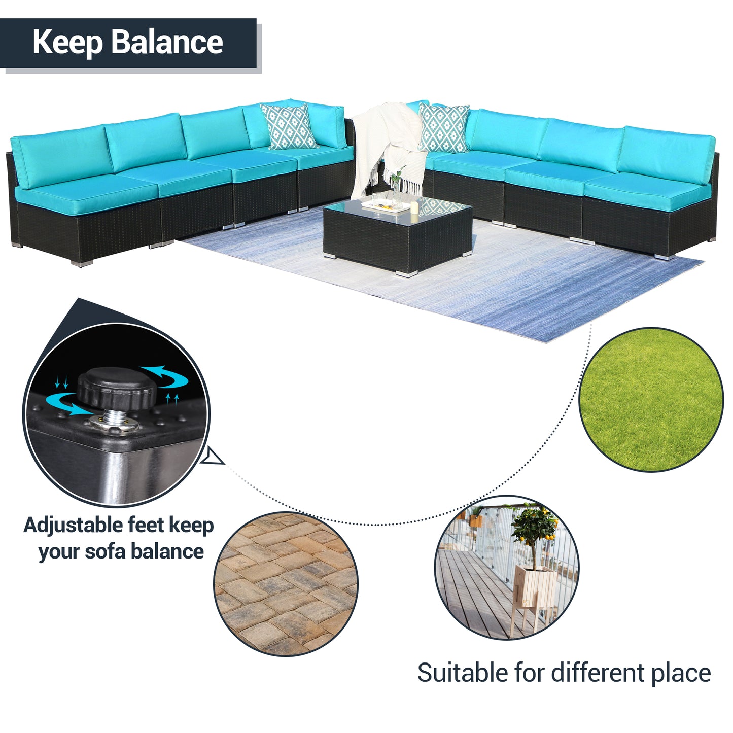 9 Piece Rattan Conversation Set with Coffee Table, Turquoise Cushions - Sunvivi