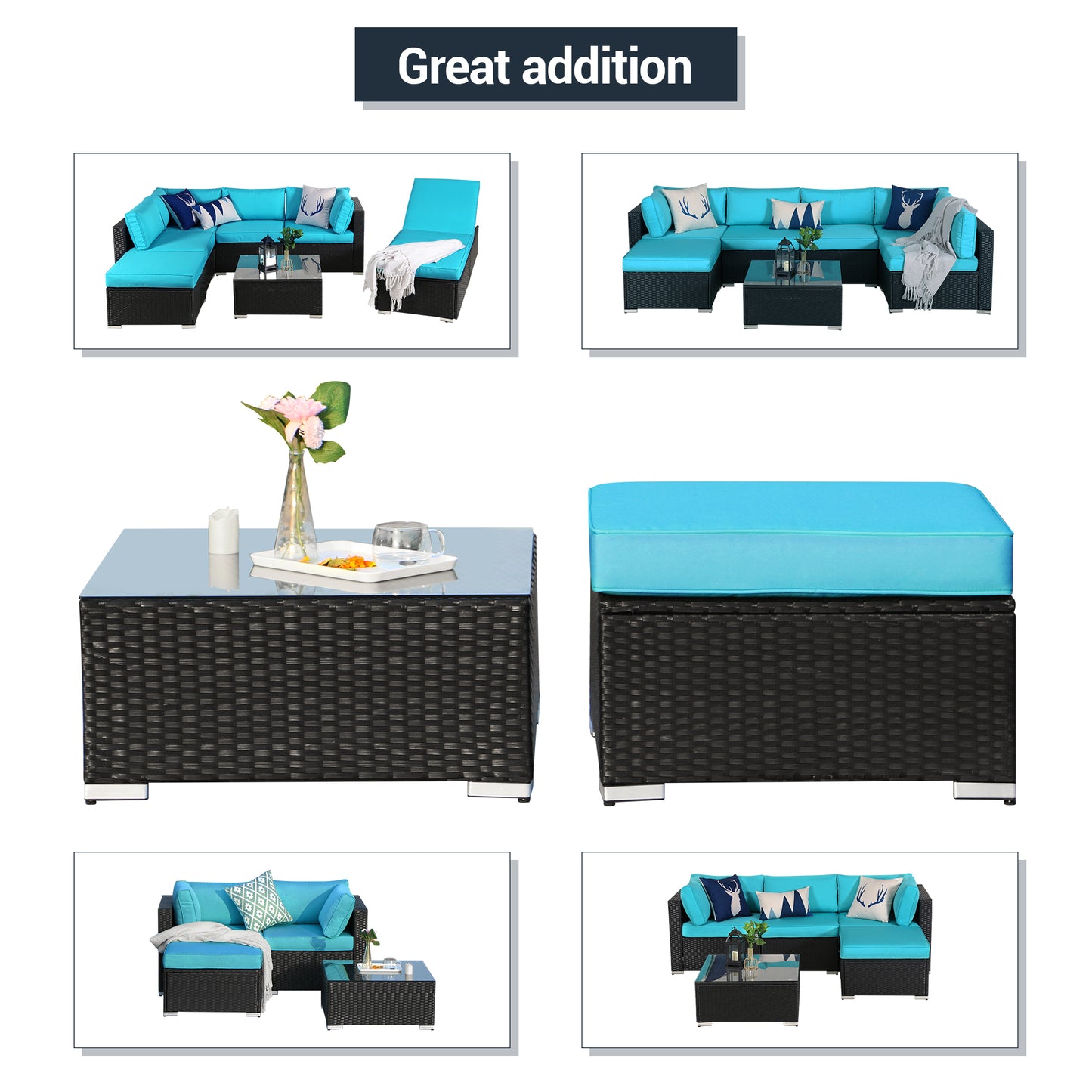 2 Pieces Sectional Ottoman with Coffee Table, Turquoise Cushions - Sunvivi