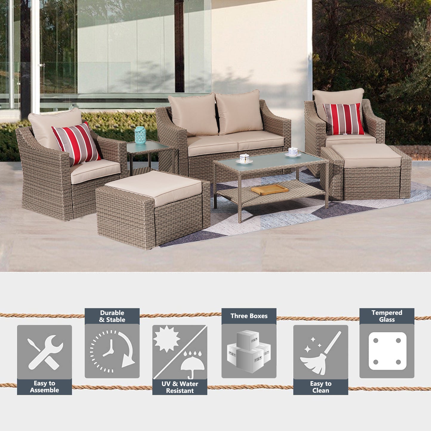 Outdoor Patio Sectional Furniture Set, 7 Piece PE Wicker Patio Conversation Sets Couch with Washable Cushions & Glass Table, Outdoor Rattan Sofa for Garden, Lawn, Backyard (Khaki)