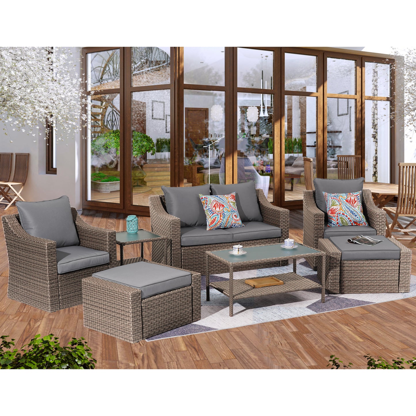Outdoor Patio Sectional Furniture Set, 7 Piece PE Wicker Patio Conversation Sets Couch with Washable Cushions & Glass Table, Outdoor Rattan Sofa for Garden, Lawn, Backyard (Gray)