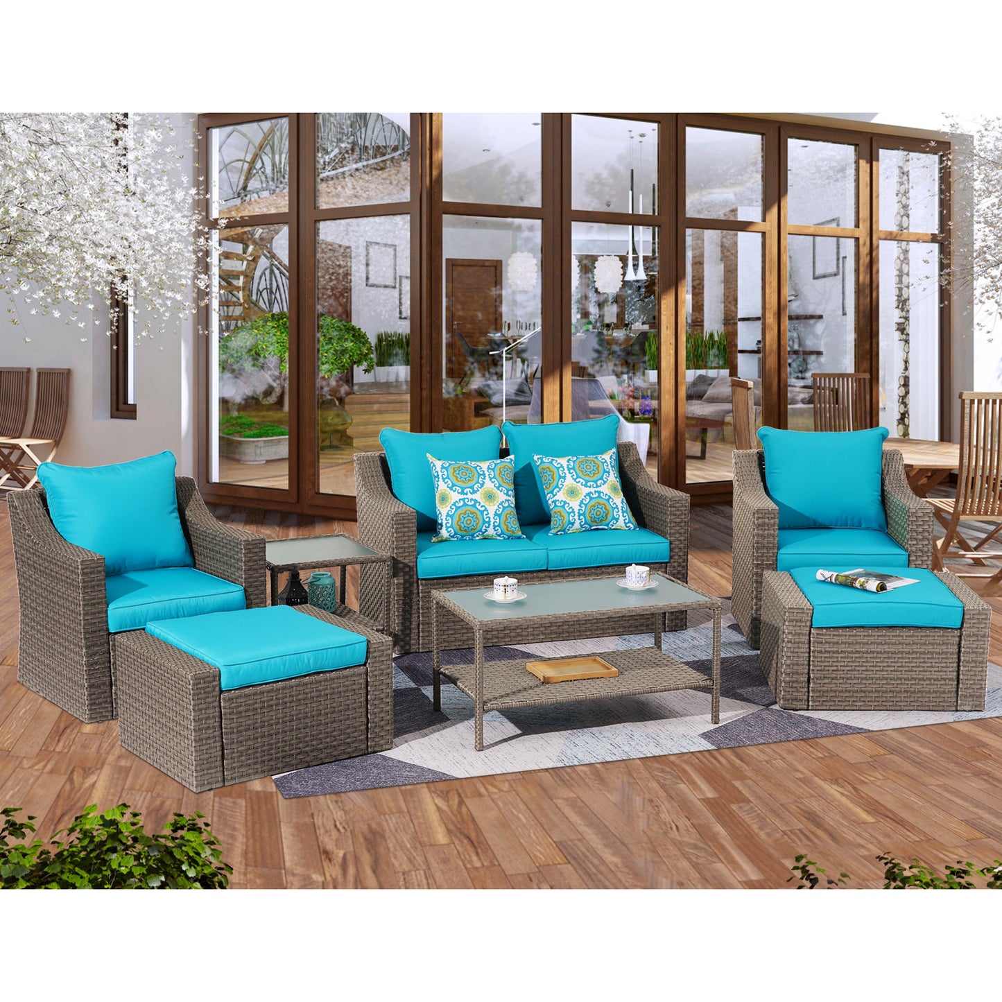 Outdoor Patio Sectional Furniture Set, 7 Piece PE Wicker Patio Conversation Sets Couch with Washable Cushions & Glass Table, Outdoor Rattan Sofa for Garden, Lawn, Backyard (Blue)