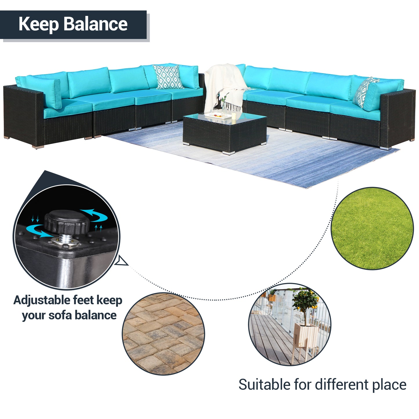 9 Piece Outdoor Conversation Rattan Sofa, with Coffee Table, Turquoise Cushions - Sunvivi