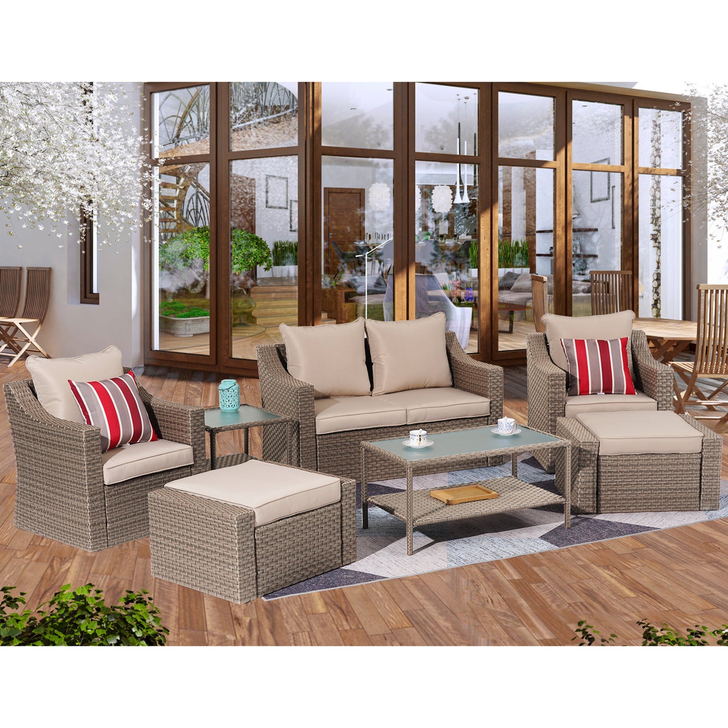 Outdoor Patio Sectional Furniture Set, 7 Piece PE Wicker Patio Conversation Sets Couch with Washable Cushions & Glass Table, Outdoor Rattan Sofa for Garden, Lawn, Backyard (Khaki)