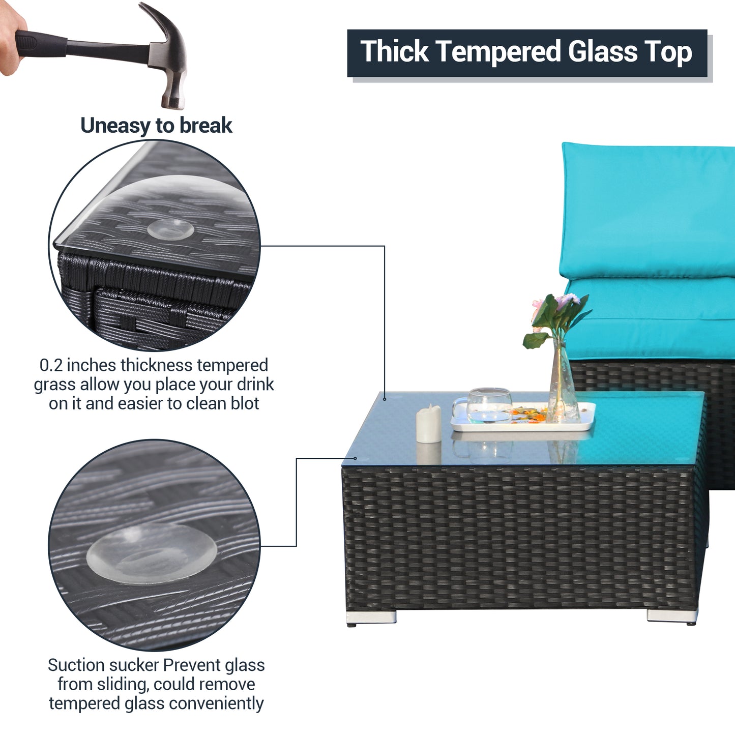 4 Pieces Outdoor Sectional Set with Coffee Table, Turquoise Cushions - Sunvivi
