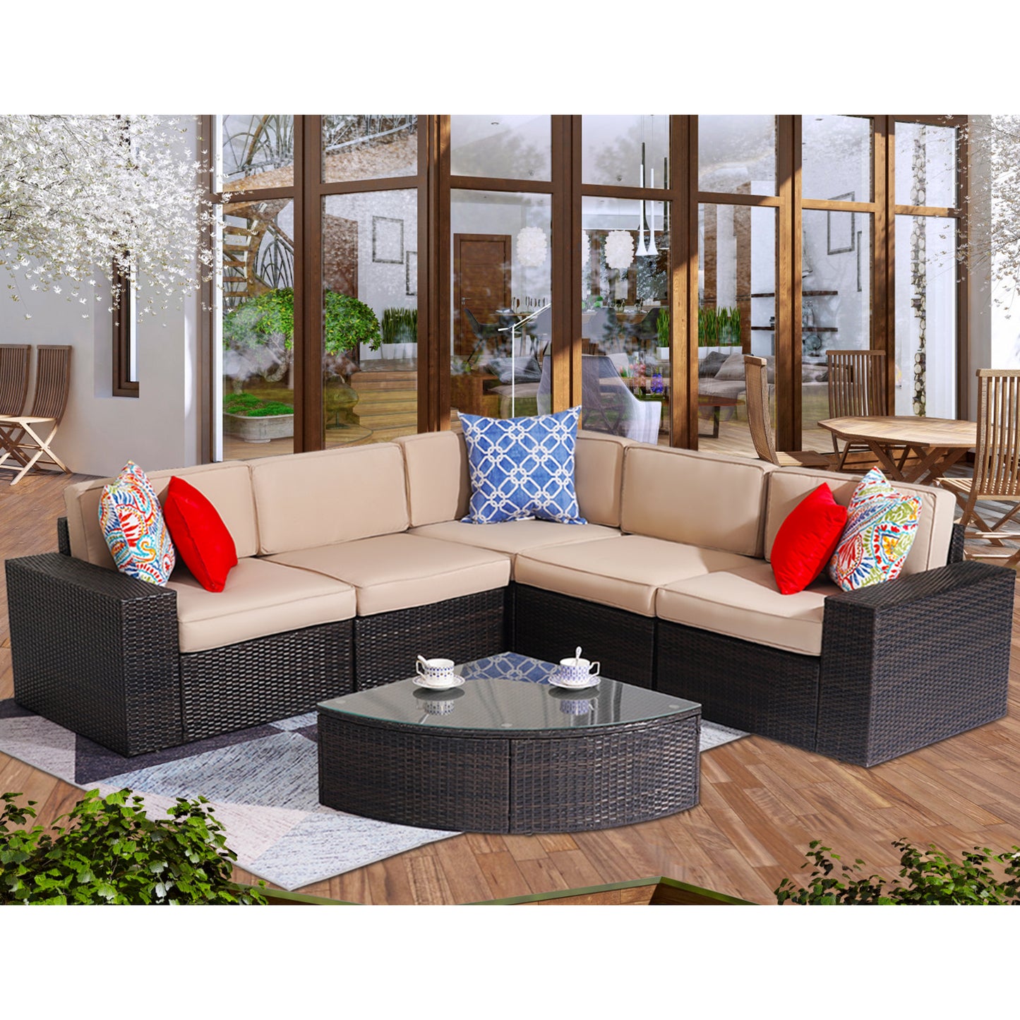 Outdoor Patio Furniture Set, 6-Piece Outdoor Conversation Sets All Weather Rattan Wicker Sectional Sofa Sets, Coffee