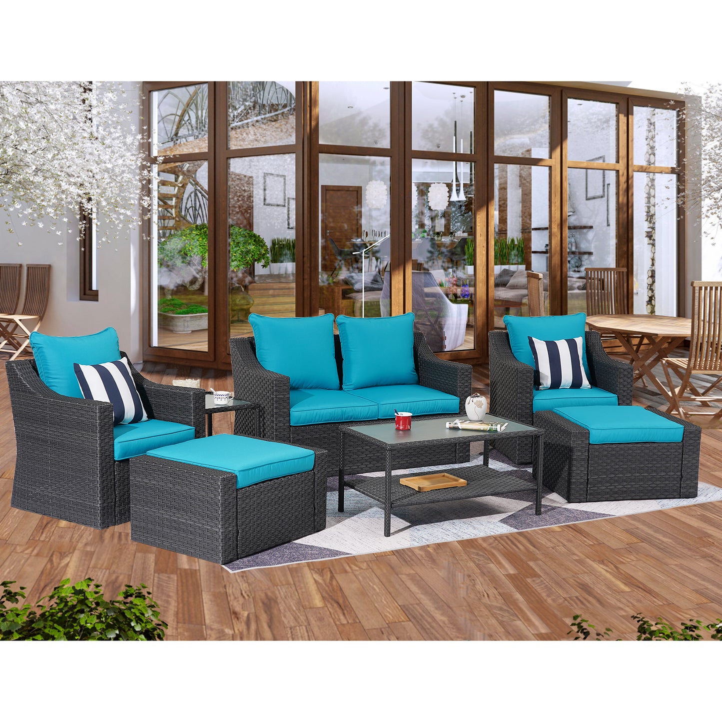 Outdoor Patio Sectional Furniture Set, 7 Piece PE Wicker Patio Conversation Sets Couch with Washable Cushions & Glass Table, Outdoor Rattan Sofa for Garden, Lawn, Backyard (Blue)