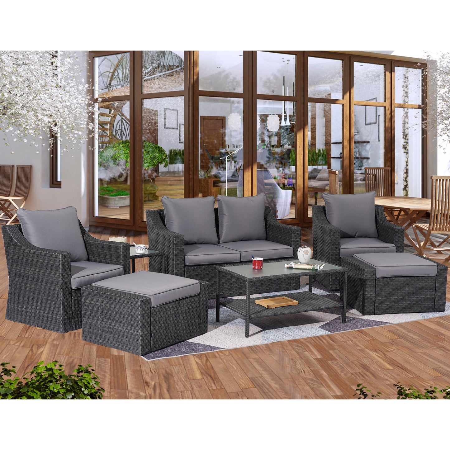 Outdoor Patio Sectional Furniture Set, 7 Piece PE Wicker Patio Conversation Sets Couch with Washable Cushions & Glass Table, Outdoor Rattan Sofa for Garden, Lawn, Backyard (Gray)