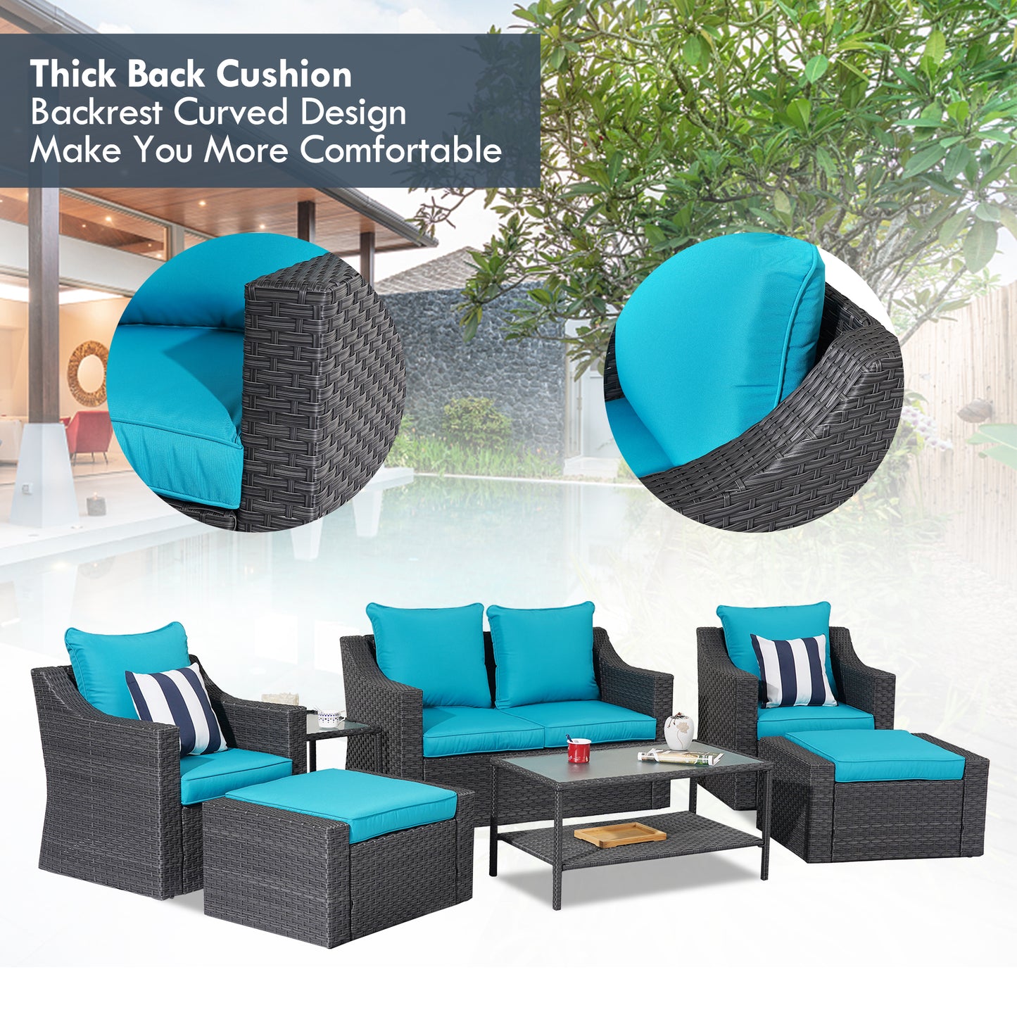 Outdoor Patio Sectional Furniture Set, 7 Piece PE Wicker Patio Conversation Sets Couch with Washable Cushions & Glass Table, Outdoor Rattan Sofa for Garden, Lawn, Backyard (Blue)