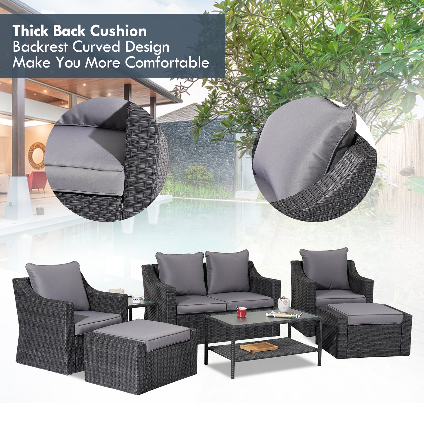 Outdoor Patio Sectional Furniture Set, 7 Piece PE Wicker Patio Conversation Sets Couch with Washable Cushions & Glass Table, Outdoor Rattan Sofa for Garden, Lawn, Backyard (Gray)
