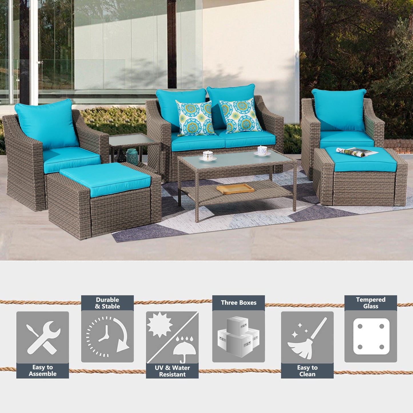 Outdoor Patio Sectional Furniture Set, 7 Piece PE Wicker Patio Conversation Sets Couch with Washable Cushions & Glass Table, Outdoor Rattan Sofa for Garden, Lawn, Backyard (Blue)