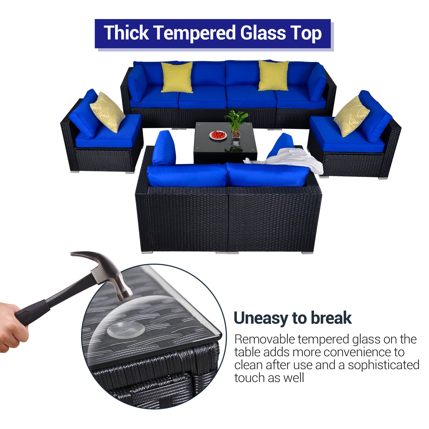 9 Piece Conversation Sofa Set, Navy Blue Cushions - Sunvivi