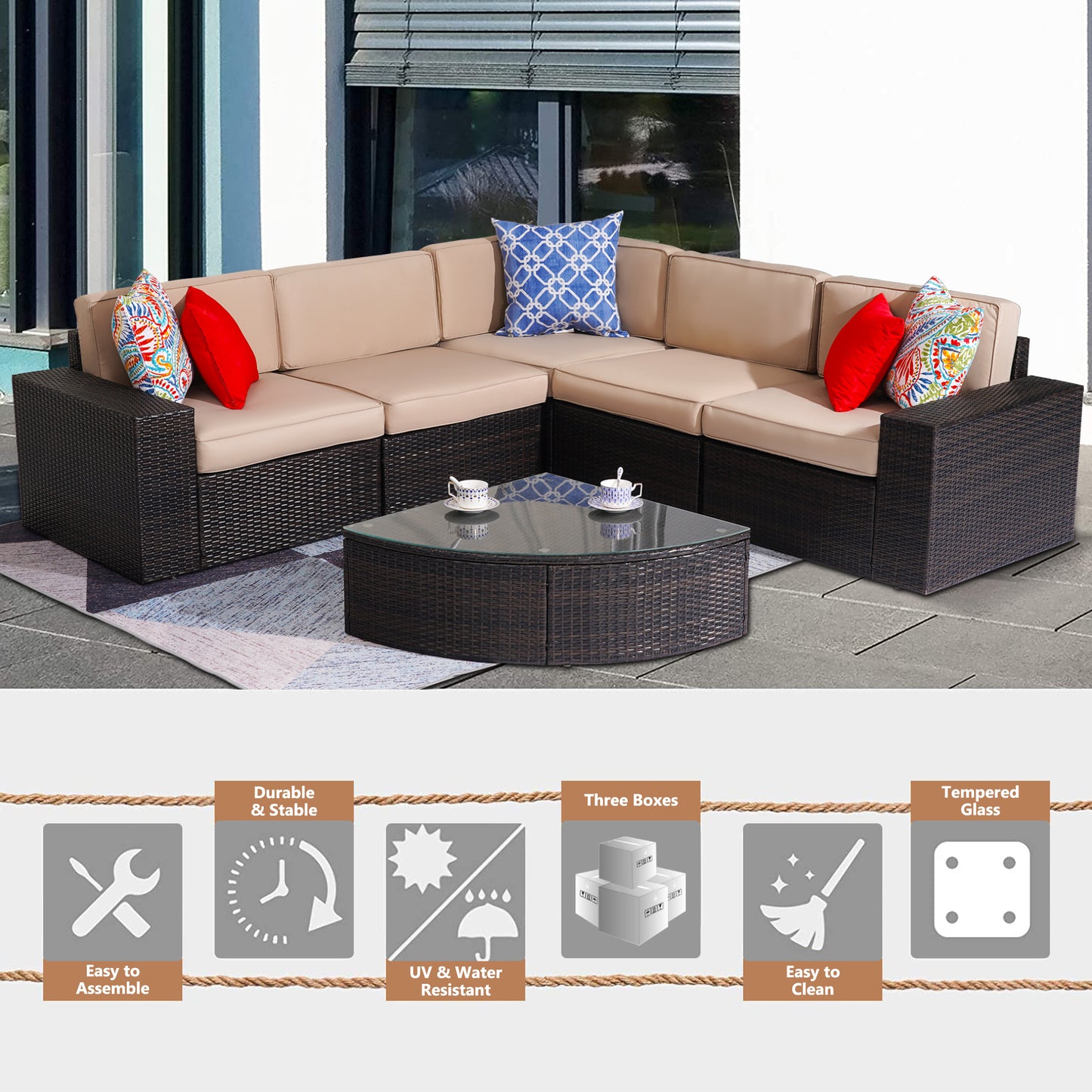 Outdoor Patio Furniture Set, 6-Piece Outdoor Conversation Sets All Weather Rattan Wicker Sectional Sofa Sets, Coffee