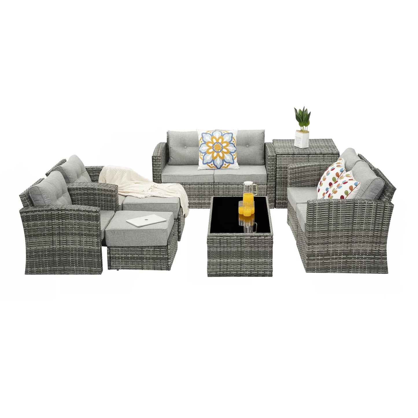 Royalcraft Outdoor Patio Furniture,10 Pieces All-Weather Patio Conversation Set Wicker Sectional Sofa with Non-slip Cushions,Aluminum Frame,Grey