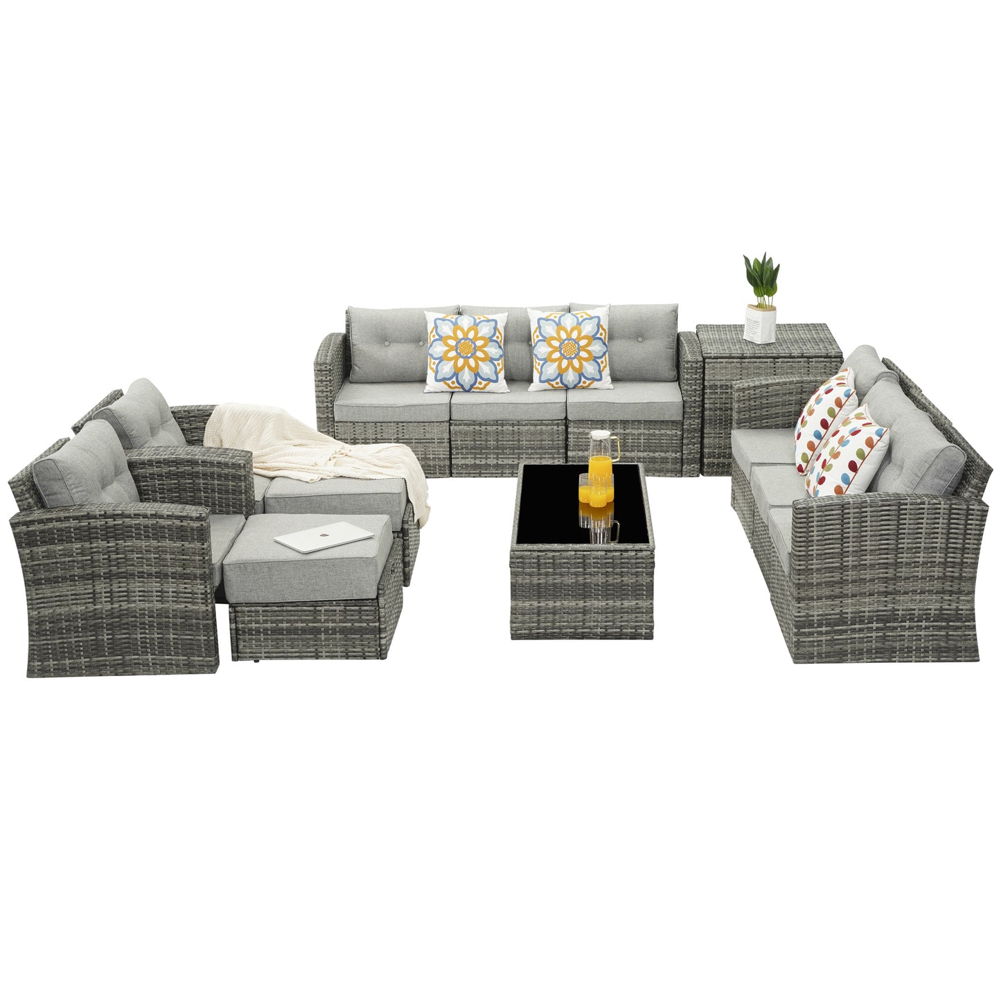 Royalcraft Outdoor Patio Furniture,10 Pieces All-Weather Patio Conversation Set Wicker Sectional Sofa with Non-slip Cushions,Aluminum Frame,Grey